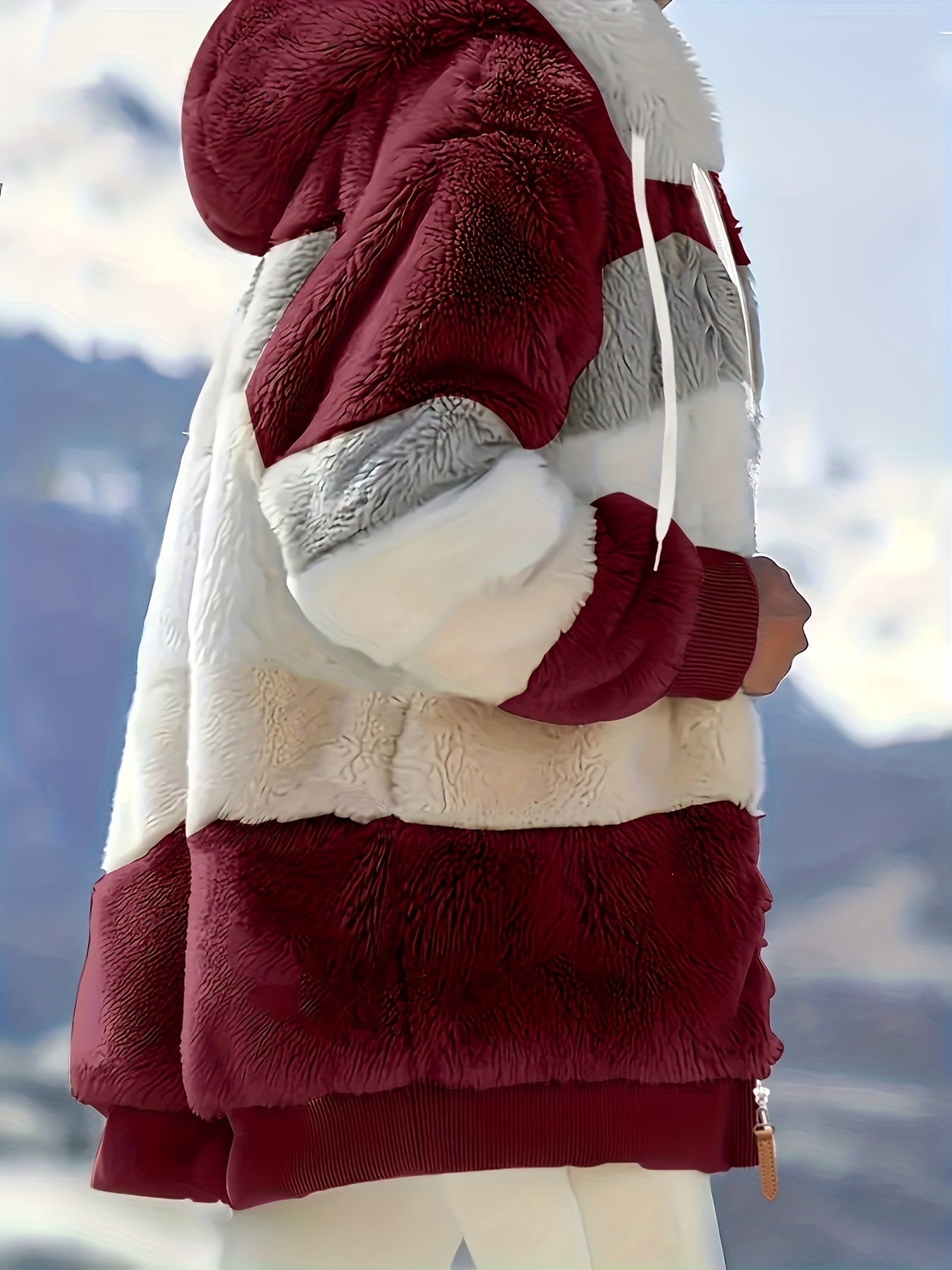 Women's Plush Faux Fur Hooded Jacket - Loose Fit Color Block Coat with Blue/Beige/White/Black Design, Long Sleeve Winter Warmth, Machine Washable for Casual & Formal Outfits, Ladies Winter Coats, Autumn Layering Piece, Formal