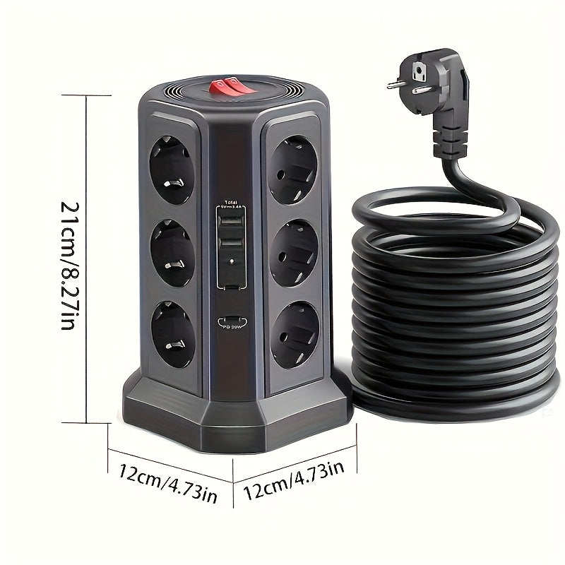 EU Multifunctional Power Tower Plug with 2 USB A Ports And 2 USB C Ports, HAFINO Triple 12-position Multi-socket Power Strip with PD 20W Fast Charging (4000W 16A) for Home And Office Scenarios