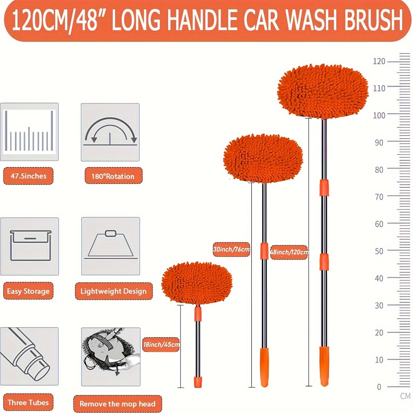 120.65cm Microfiber Car Wash Brush Mop Set, Chenille Microfiber Sponge Duster No Paint Damage No Scratches, Long Handle Kit 2in 1 for Cleaning Cars, Trucks, SUVs, RVs, Trailers, Boats