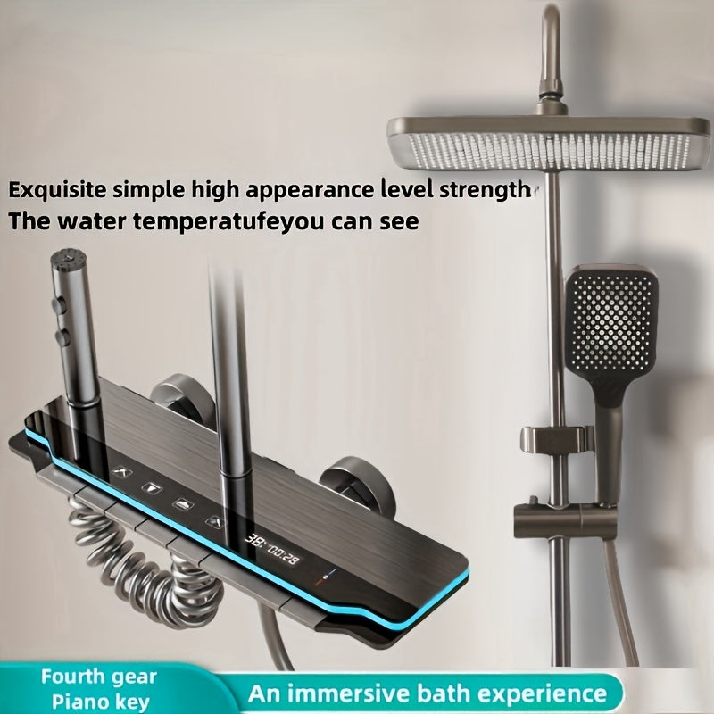 Luxury Gun Gray Shower Head Set, Piano Key Ambient Light, High Pressure Rainfall System, 4-in-1 Bathroom Accessories Kit, Digital Shower Head, Ideal Gift for Home Bathroom Decor, Perfect for Easter and Ramadan