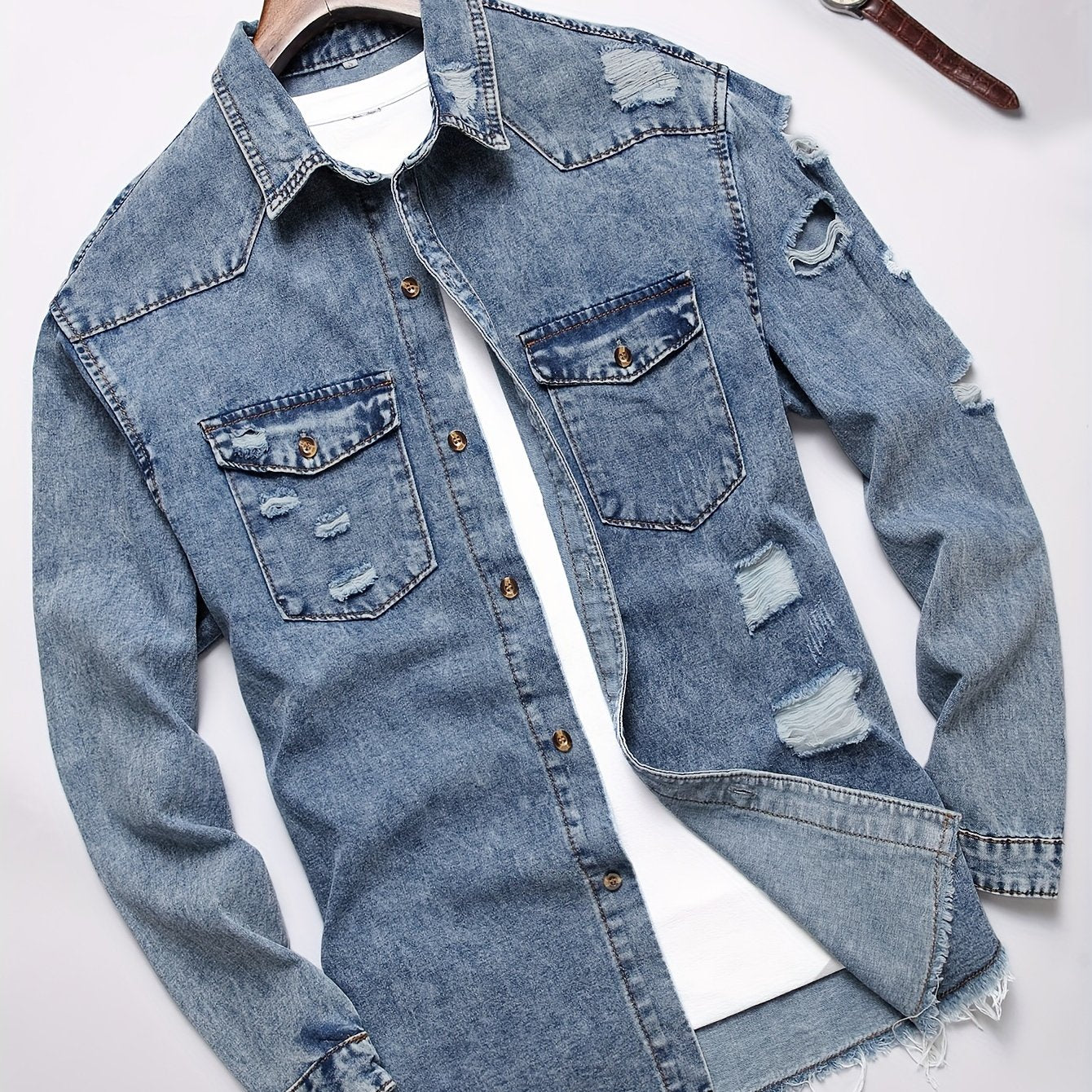 Men's Trendy Ripped Design Casual Button Up Long Sleeve Denim Shirt, Men's Clothes For Spring Summer Autumn, Tops For Men
