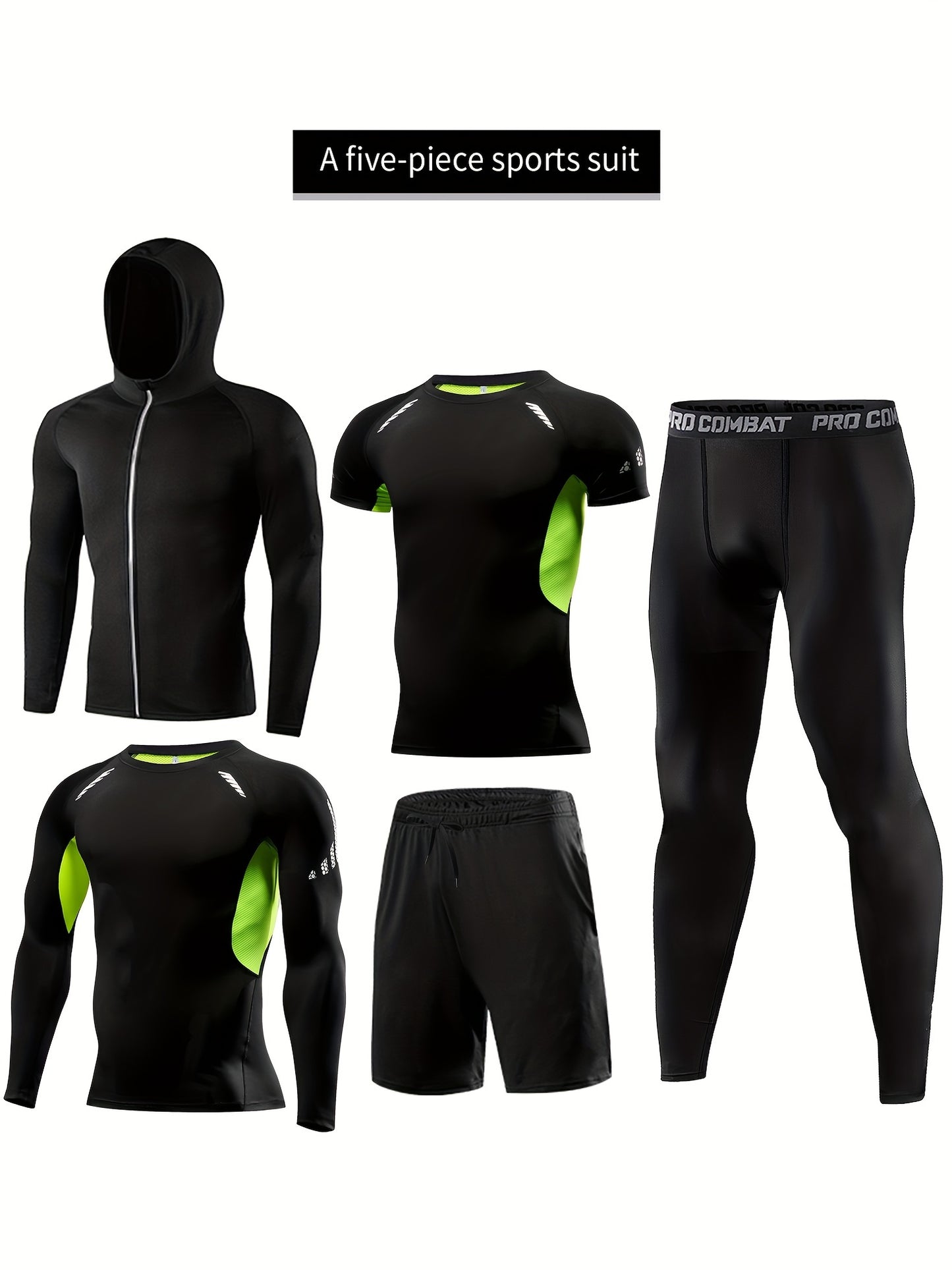 Xinso Prince 5pcs Men's Zip Up Hooded Jacket & Compression T-shirt & Long Sleeve Workout Top & Shorts & Leggings For Fitness