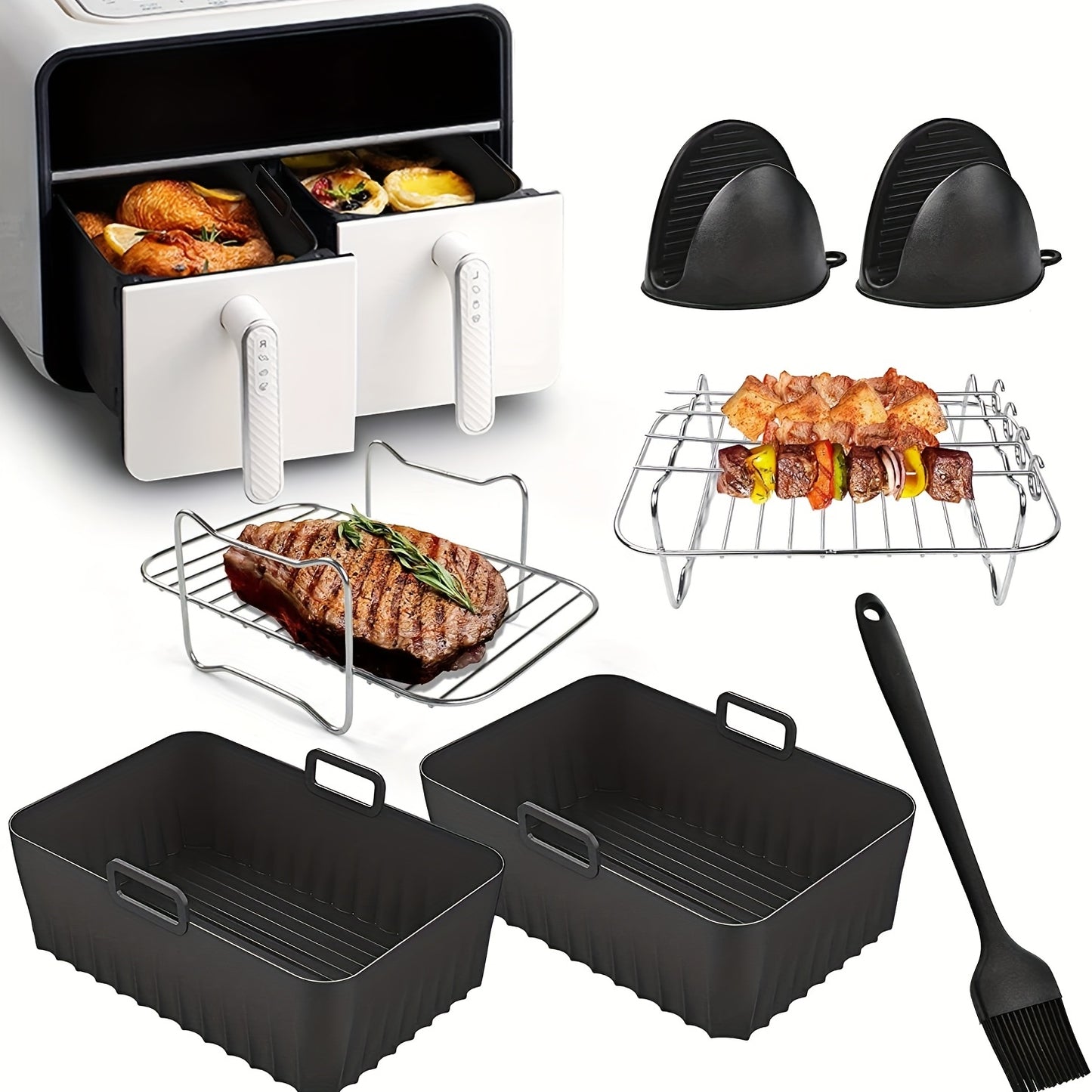 11pcs Air Fryer Accessories Kit - Perfect for Ninja Dual&Tower Air Fryer, Includes 2 Reusable Liners, 2 Racks, 4 Skewers, Silicone Gloves & Brush!
