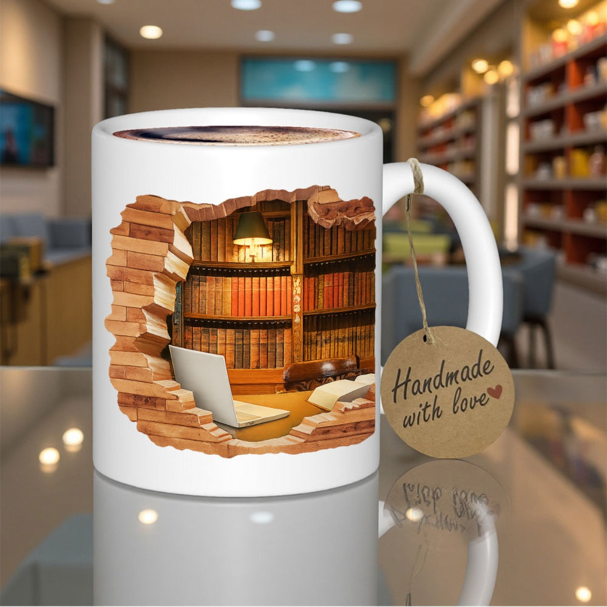 1pc 11oz 3D Magic Color-Changing Book-Themed Ceramic Mug - Reusable Coffee & Tea Cup with Bookshelf & Open Book Design, uthor Logo Slot, Hand Wash Only - Gift for Readers, Writers, Librarians (Birthday/Christmas/Halloween), C