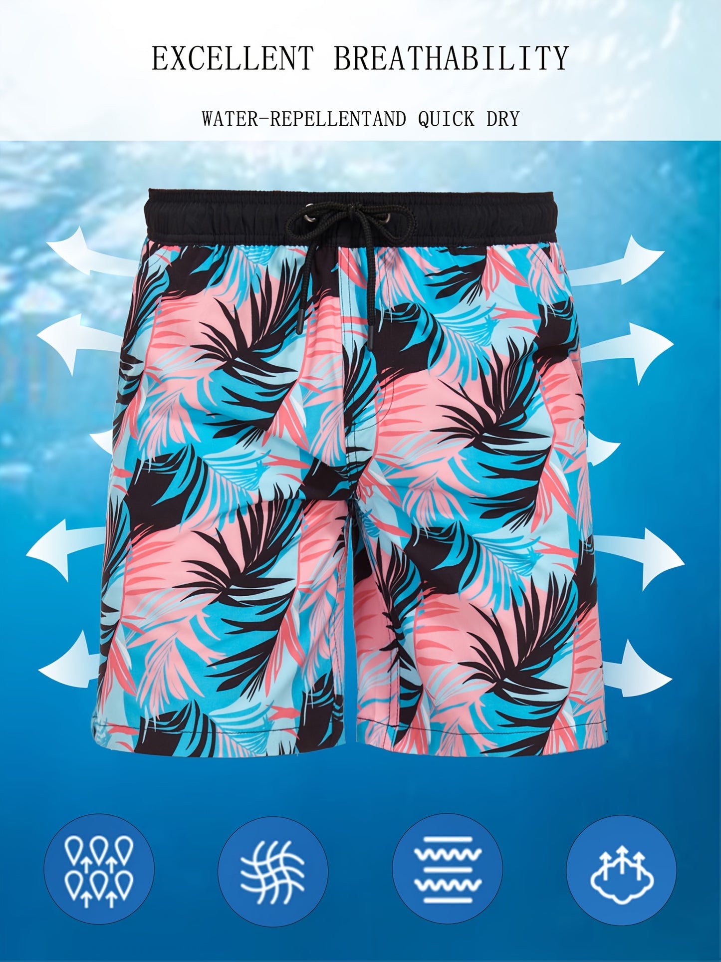 Men's Quick-Dry Beach Shorts with Tropical Palm Tree & Palm Leaf Print - Breathable Stretch Fabric for Summer, Outdoor, Hiking, Swimming - Machine Washable Casual Athletic Shorts, Outdoor Activewear, Summer Shorts
