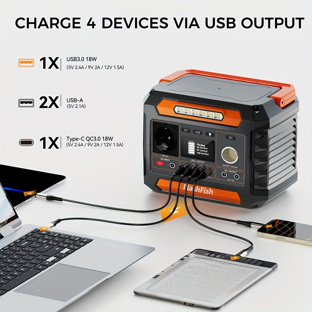 FF FLASHFISH 300W P66 Portable Power Station, 230.88 Wh/62400mAh Lithium-Ion Cells Solar Generator 300 W AC Output, 600 W Surge, 2 X DC Output And 4 X USB, LED Lights, Power Generator for Outdoor Use,  Compact Design, Lightwe