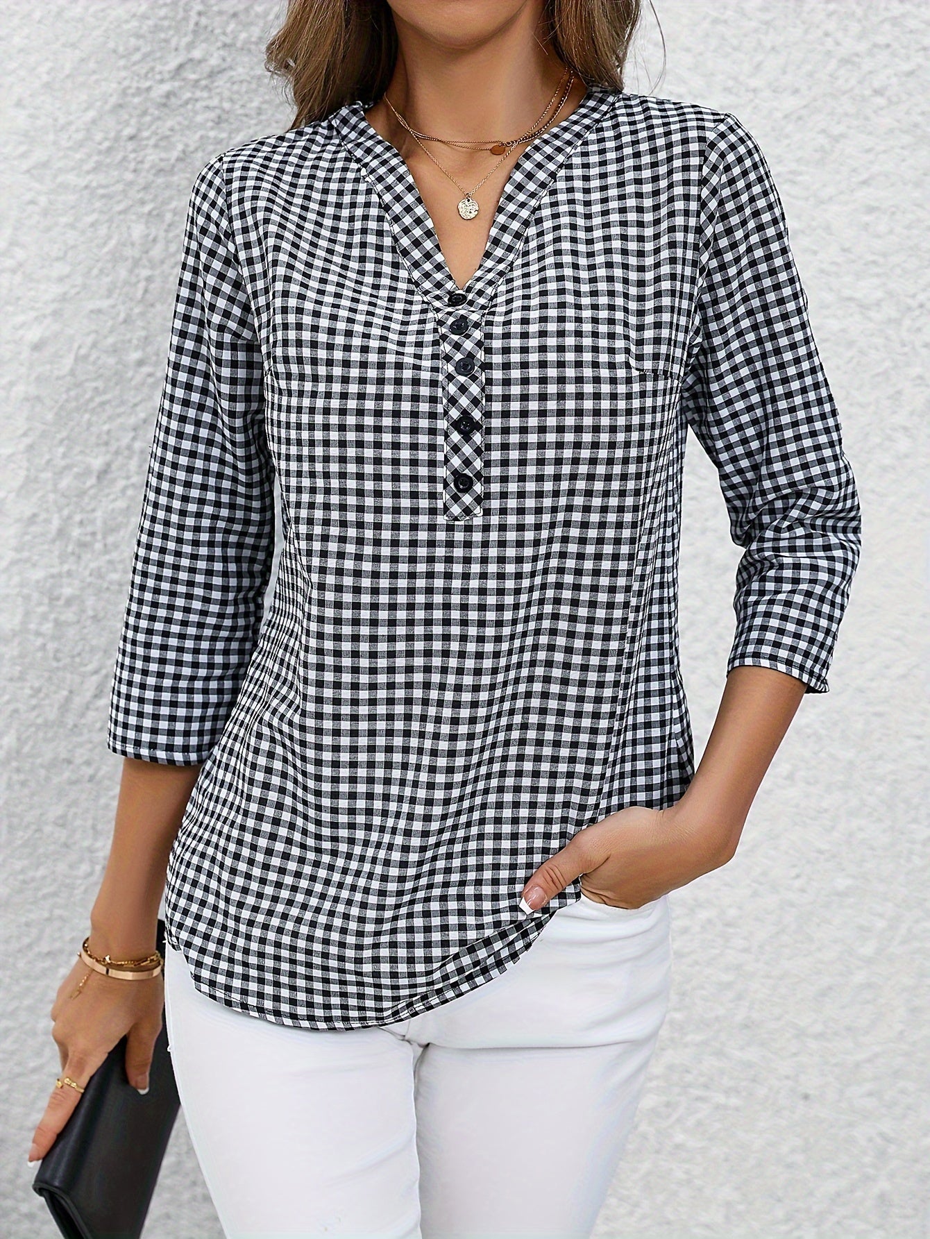 Plaid Print Button Notched Neck Blouse, Casual Rolled Sleeve Blouse For Spring, Women's Clothing