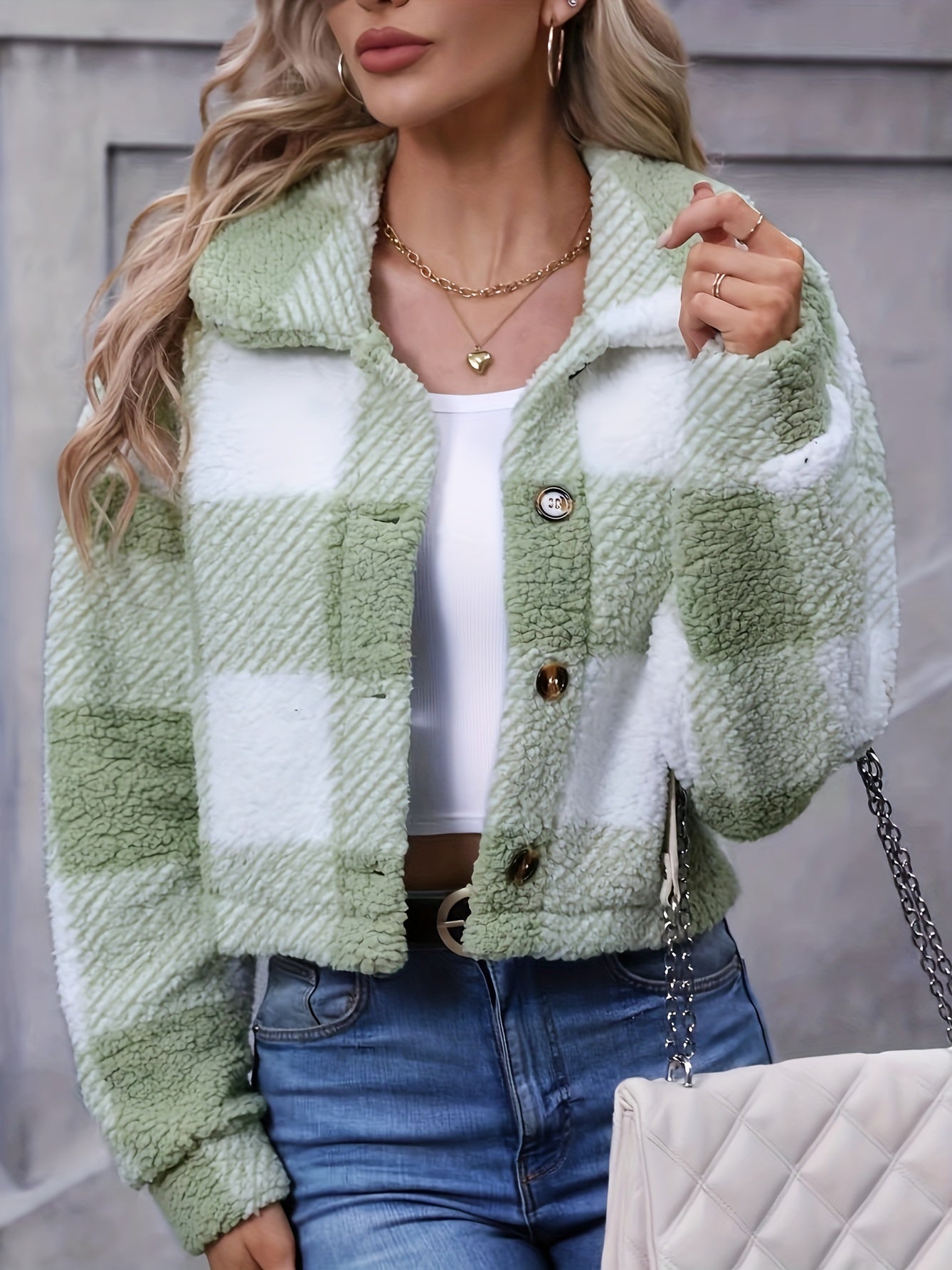 Plaid Teddy Coat, Casual Button Front Long Sleeve Winter Warm Outerwear, Women's Clothing