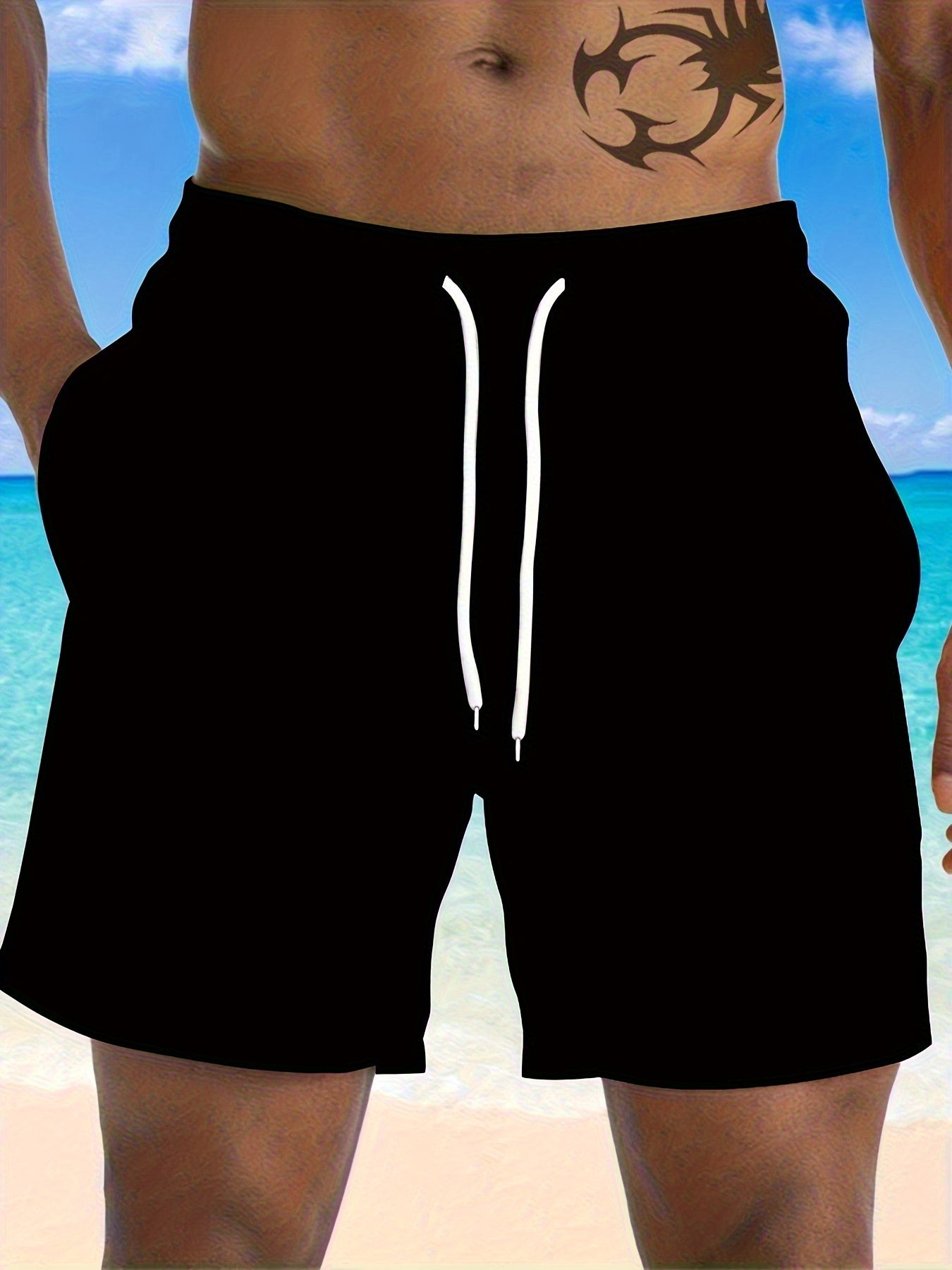 3pcs Men'S Plus Size Casual Shorts Set - White with Black Spider Web Print, Drawstring Waist, Non-Stretch Fabric, Perfect for Beach or Sports, Beach Shorts | Sporty Style | Woven Texture