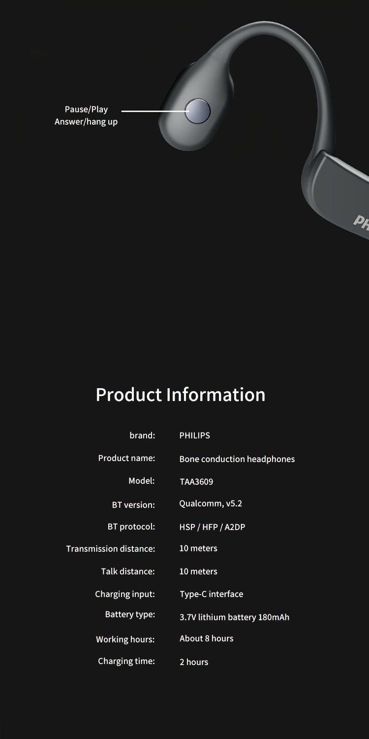 PHILIPS wireless open-ear non-in-ear headphones, sports running fitness cycling headsets, wireless ultra-long battery life hanging ear bone sensing TAA3609 AI call noise reduction, spatial stereo sound effect high-quality hea