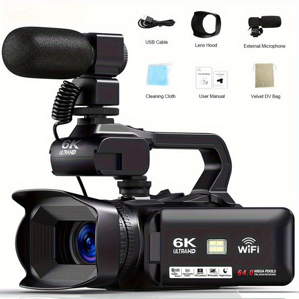 YISENCE 6K Camcorder Video Camera 64MP 18X Digital Zoom IR Night Vision Vlogging Camera for YouTube 10.16cm Touch Screen Digital Camera with WiFi, Microphone, Remote Control, Charger, Stabilizer and 64G SD Card