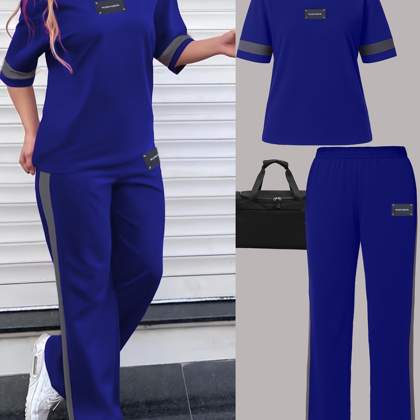 Tendência de moda outono: Conjunto de duas peças para menina composto por t-shirt de manga curta com gola redonda e blocos de cor + calças direitas casuais com cintura elástica e corte largo.