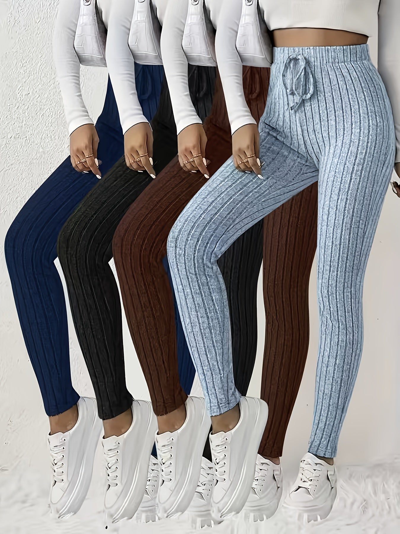 4pcs Women'S High-Waisted Leggings - Sexy Ribbed Design, Stretchy & Comfortable, Solid Colors (Black, Green, Purple, Beige) for Fall/Winter, Perfect for Running & Casual Wear, High Waisted Leggings