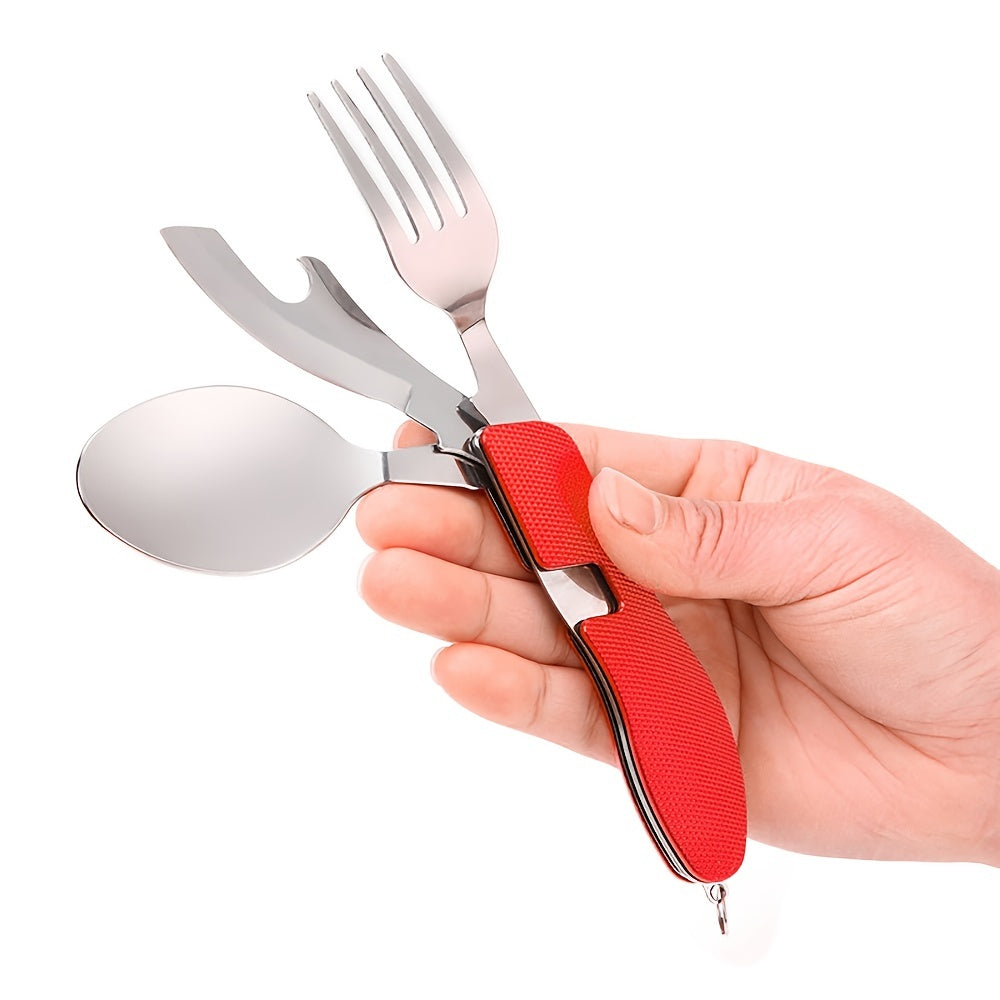 Stainless Steel 4-in-1 Outdoor Tableware Set with Folding Spoon, Fork, Knife, and Bottle Opener - Perfect for Camping, Picnics, Hiking, and Travel
