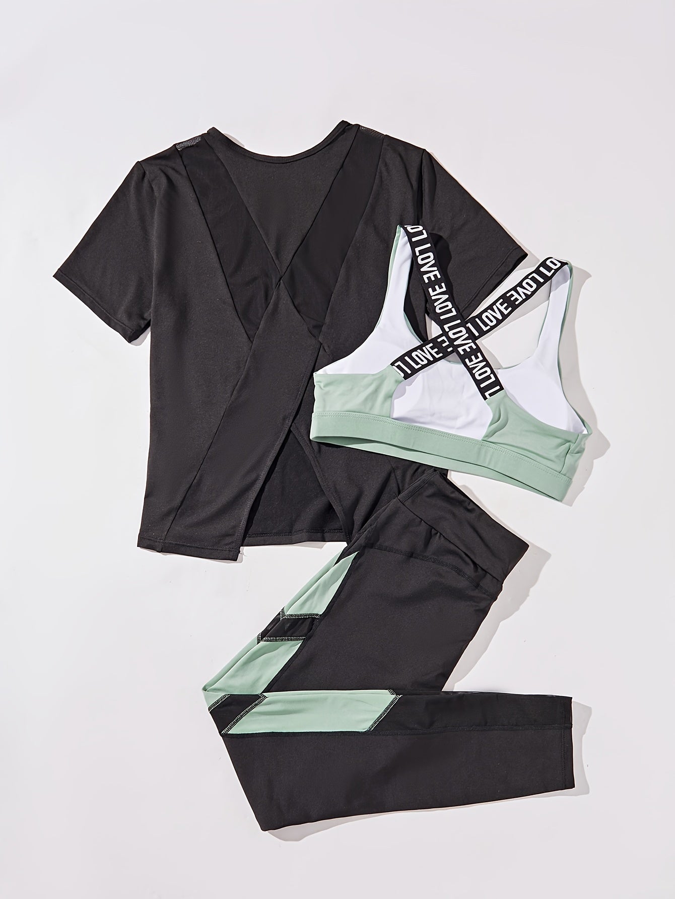3pcs Women's Yoga Set in Black & Purple - High-Stretch, Sleeveless Sports Bra with Crisscross Straps, Short Sleeve Top & Leggings - Polyester & Elastane Blend, Machine Washable