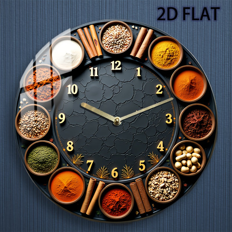 1pc 8-Inch Silent Round Wall Clock with Spice & Herb Design - Acrylic Quartz Movement, Golden Accents, Battery-Powered (AA Not Included) - Kitchen, Bedroom, Living Room, Kitchen Clock, Home Decoration, Decorative Timepiece, H