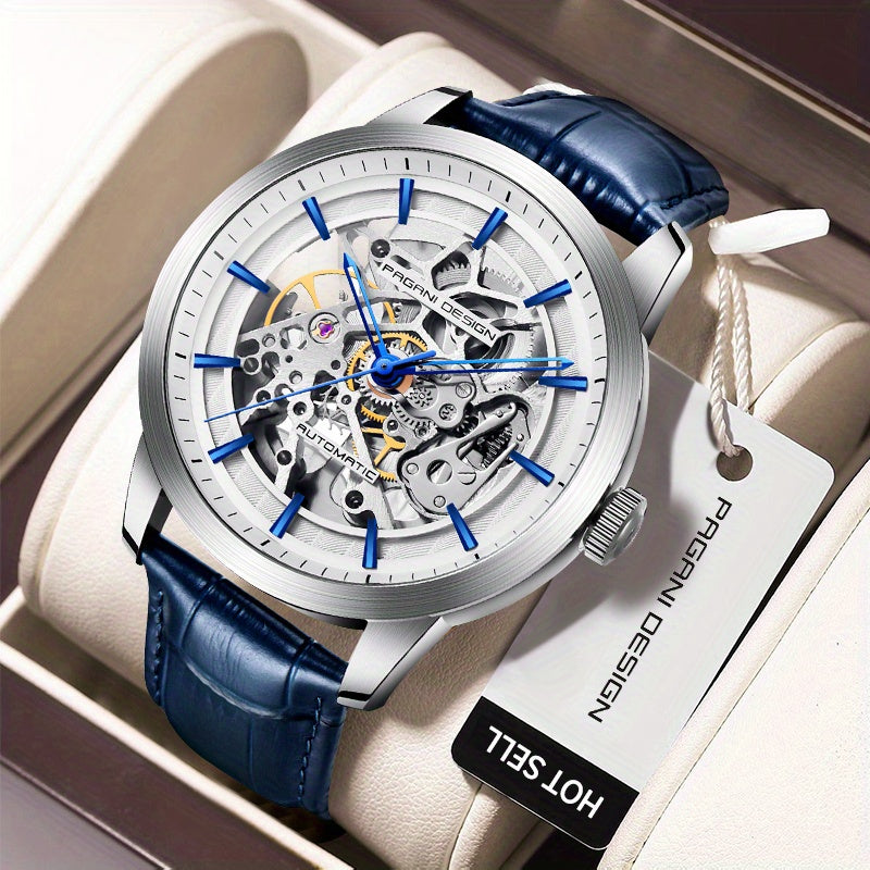 Pagani Design 2023 Men's Automatic Skeleton Watch, Self-Winding, Stainless Steel, Leather Strap, Pointer Series, Water Resistant To 100 Meters Sports Leather Watch