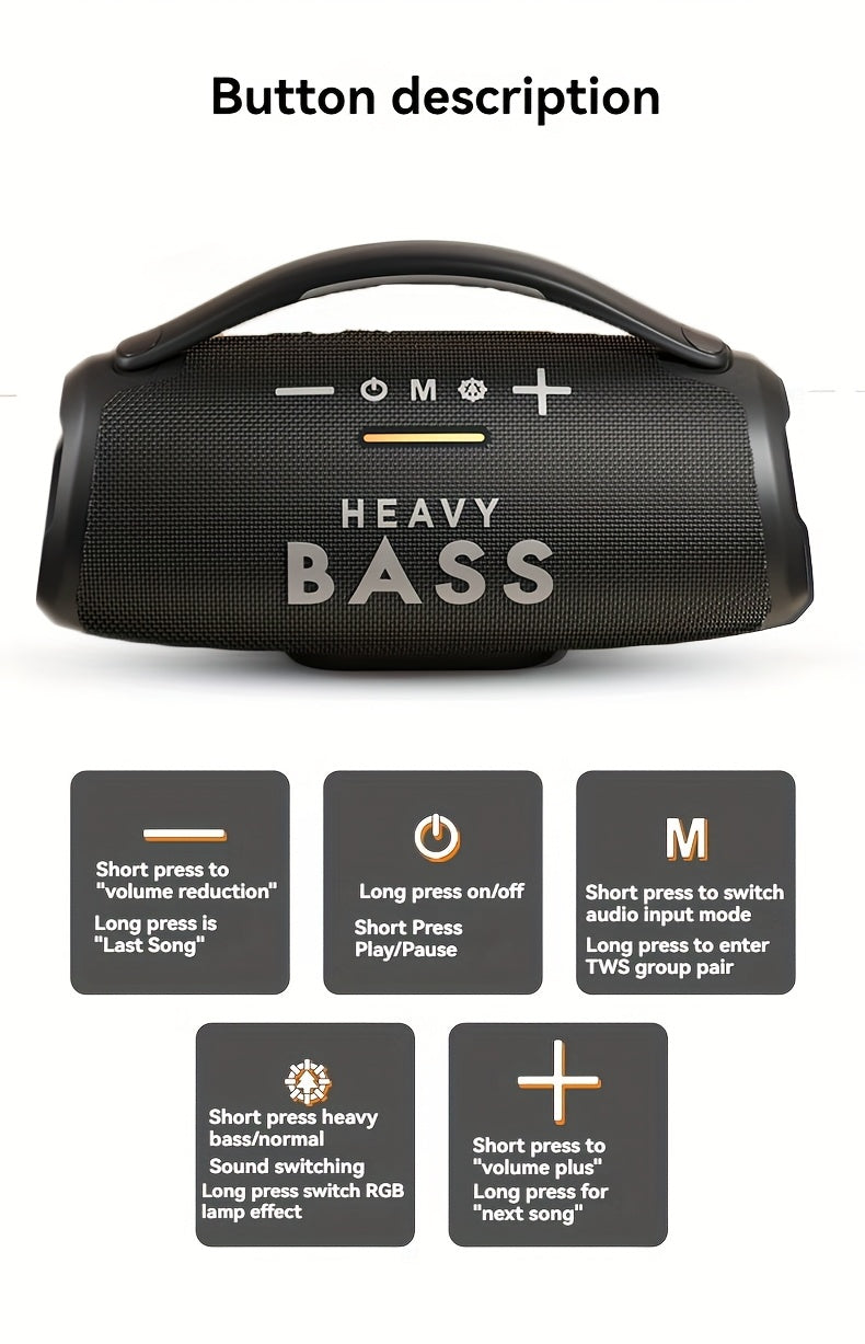 HEAVY BASS 30W Wireless Speaker with Subwoofer, USB-C Charging, Wireless, Built-in Mic, Portable PA System for Home Theater, Camping, Parties - Compatible with PC, Tablet, Smartphone, USB Drive - Ideal for DJs, Presentations,