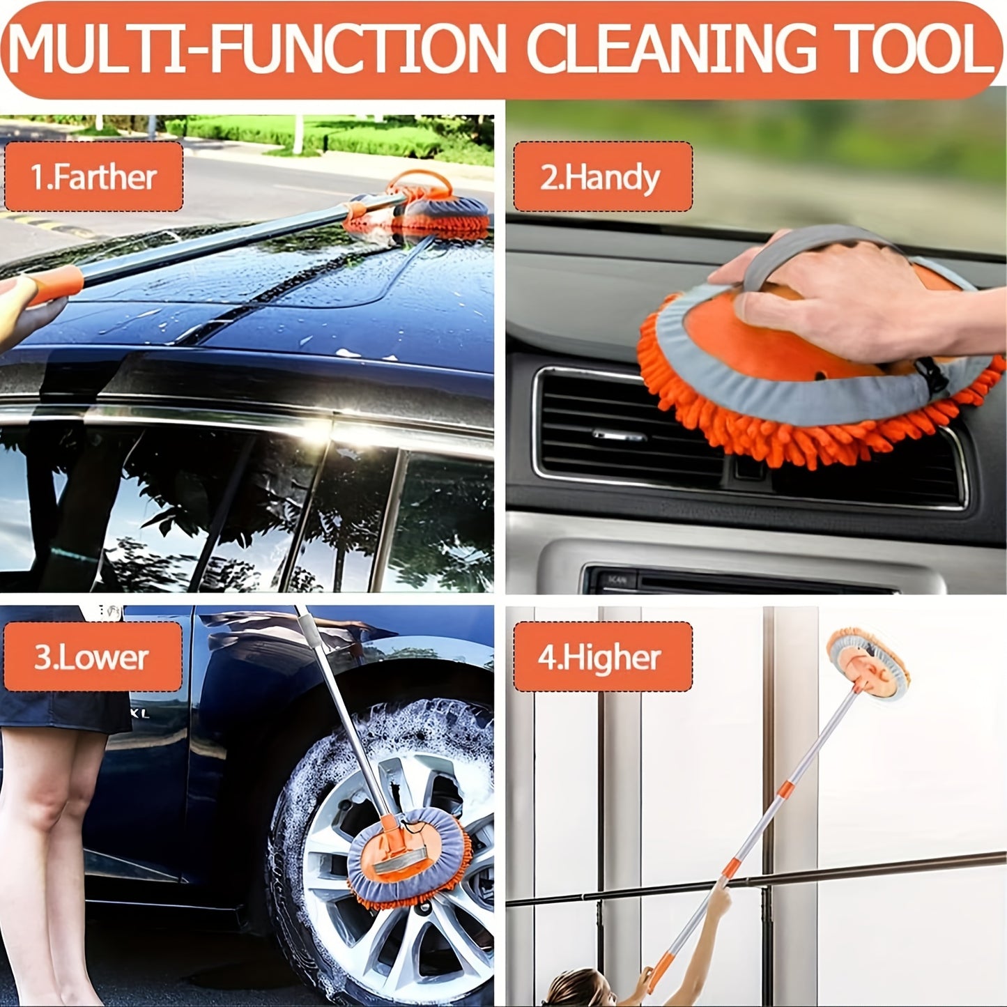 120.65cm Microfiber Car Wash Brush Mop Set, Chenille Microfiber Sponge Duster No Paint Damage No Scratches, Long Handle Kit 2in 1 for Cleaning Cars, Trucks, SUVs, RVs, Trailers, Boats