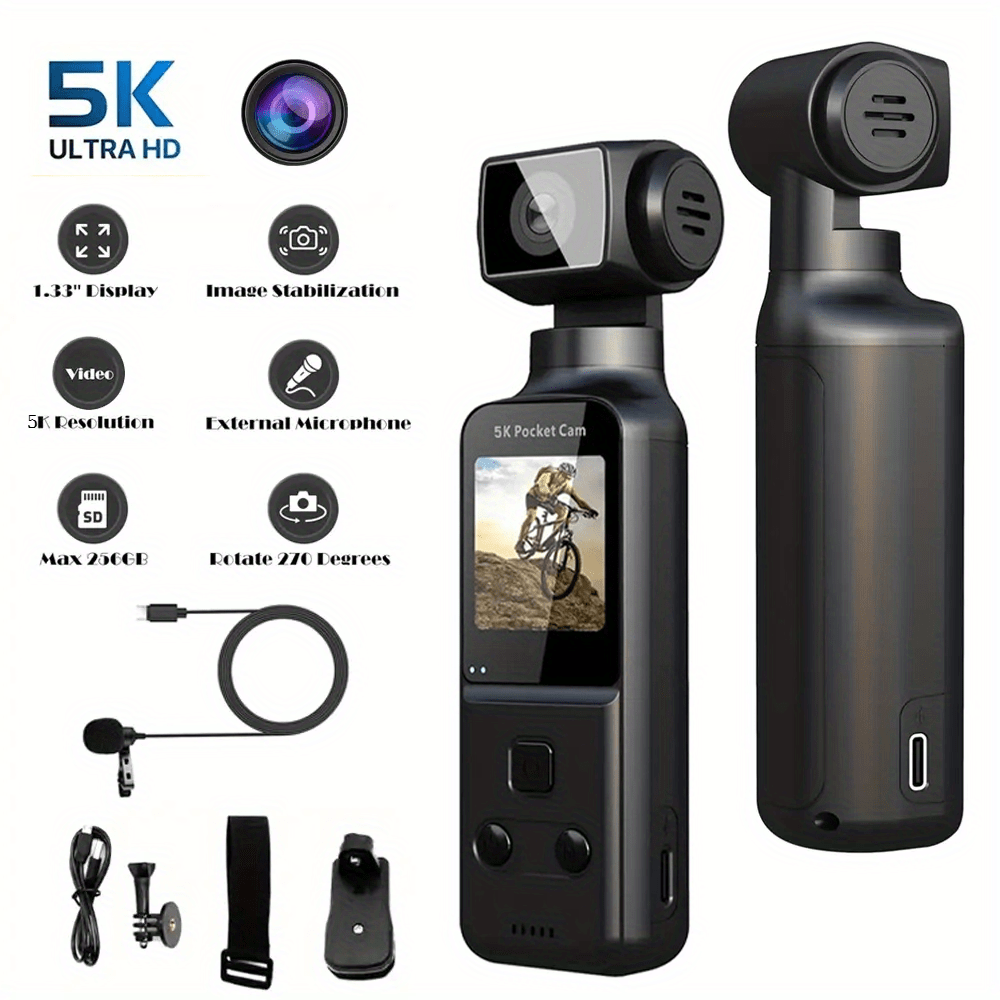 1pc 5K Vlog Camera with 3-Axis Gimbal & Magnetic Mount | 270° FOV + 3.38cm CMOS for American Style Beauty | Pocket-Sized | USB-C Fast Charge | Ultimate Travel/ Back to School Vlogging Kit (Easter Gifts Ready)