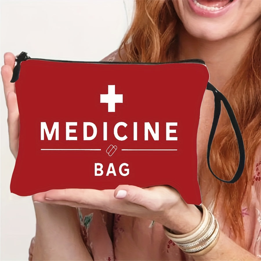 1pc Red Medicine Cosmetic Bag with Wrist Strap, Portable Migraine Medication Bag, Compact Travel Pill Pouch, Chronic Illness Medicine Kit
