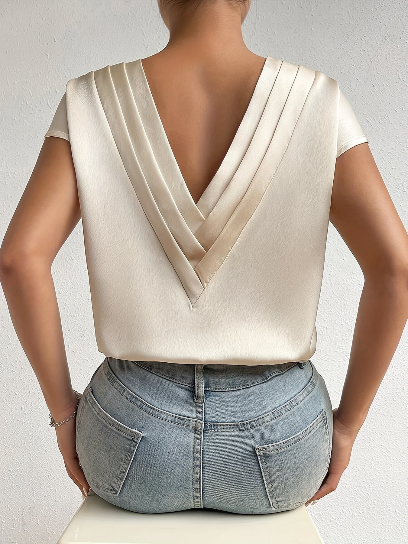 Solid Color V-neck Loose Blouse, Elegant Short Sleeve Blouse For Spring & Summer, Women's Clothing