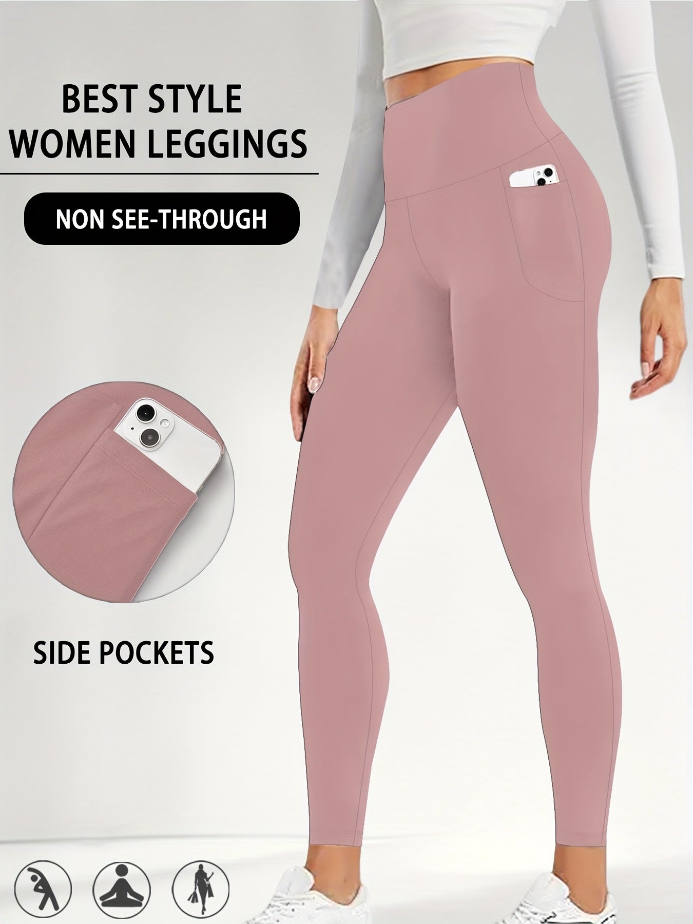 Women's High Waisted Super Soft Yoga Leggings with Pockets - Tummy Control, Stretchy Workout & Running Pants, Light Pink, Machine Washable, All-Season Comfort