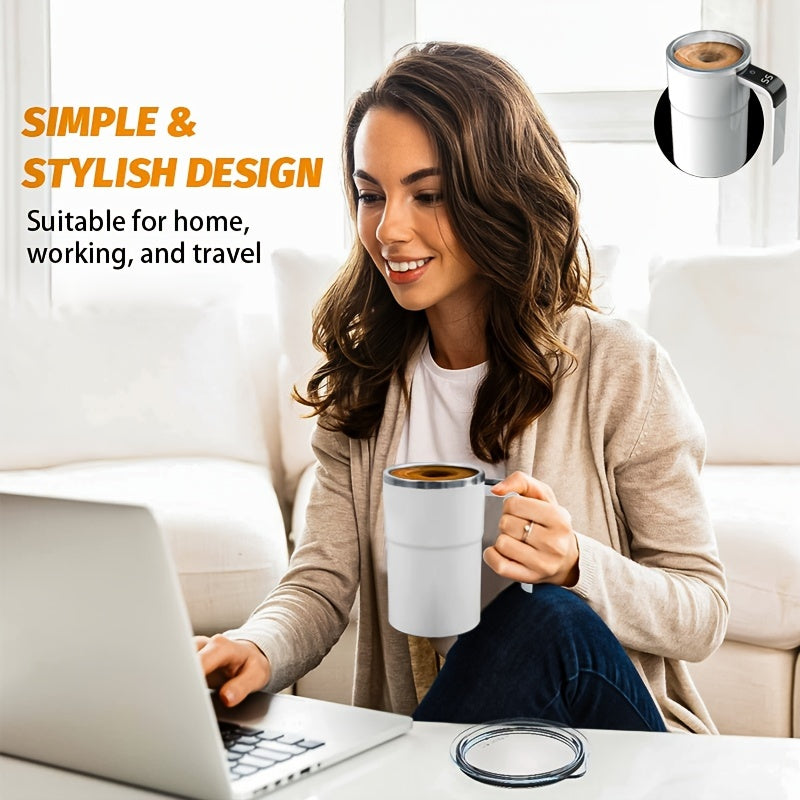 ADKING 12oz Smart Tumbler with Digital Display - USB Rechargeable, Stainless Steel Electric Coffee Mug with Timer & Adjustable Speed Control, Long-Lasting Battery Life (80+ Min), White & Pink for Winter