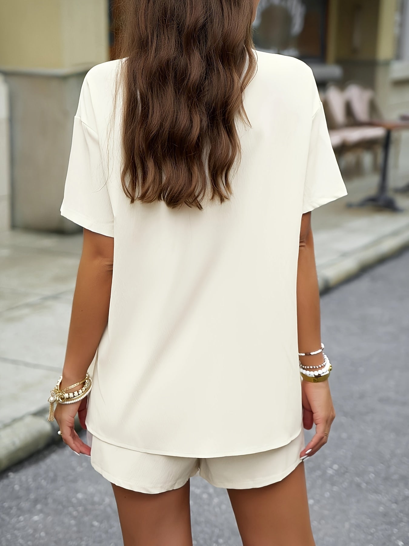 Solid Two-piece Set, Elegant Button Front Shirt & Drawstring Shorts Outfits, Women's Clothing