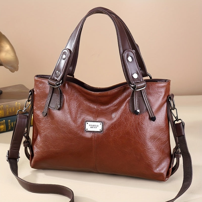 Women'S Vintage Handbag with Adjustable Shoulder Strap, Multiple Pockets & Soft Oil Edge Detail - Burgundy Polyester Lining, Zipper Closure, Elegant Accessory for Mother'S Day Gifts, Elegant Handbag | Vintage Tote Design | So