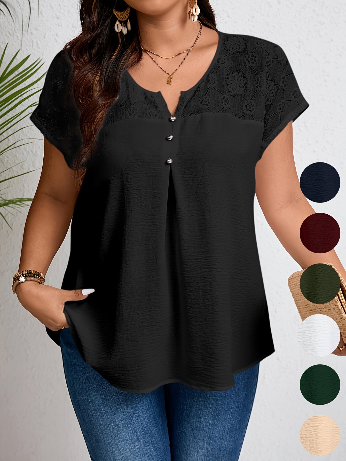 Women'S Plus Size Casual Top - Elegant Maroon Blouse with Contrast Lace Detail, Non-Stretch Fabric, Perfect for Spring/Summer/Fall, Plus Size Blouses