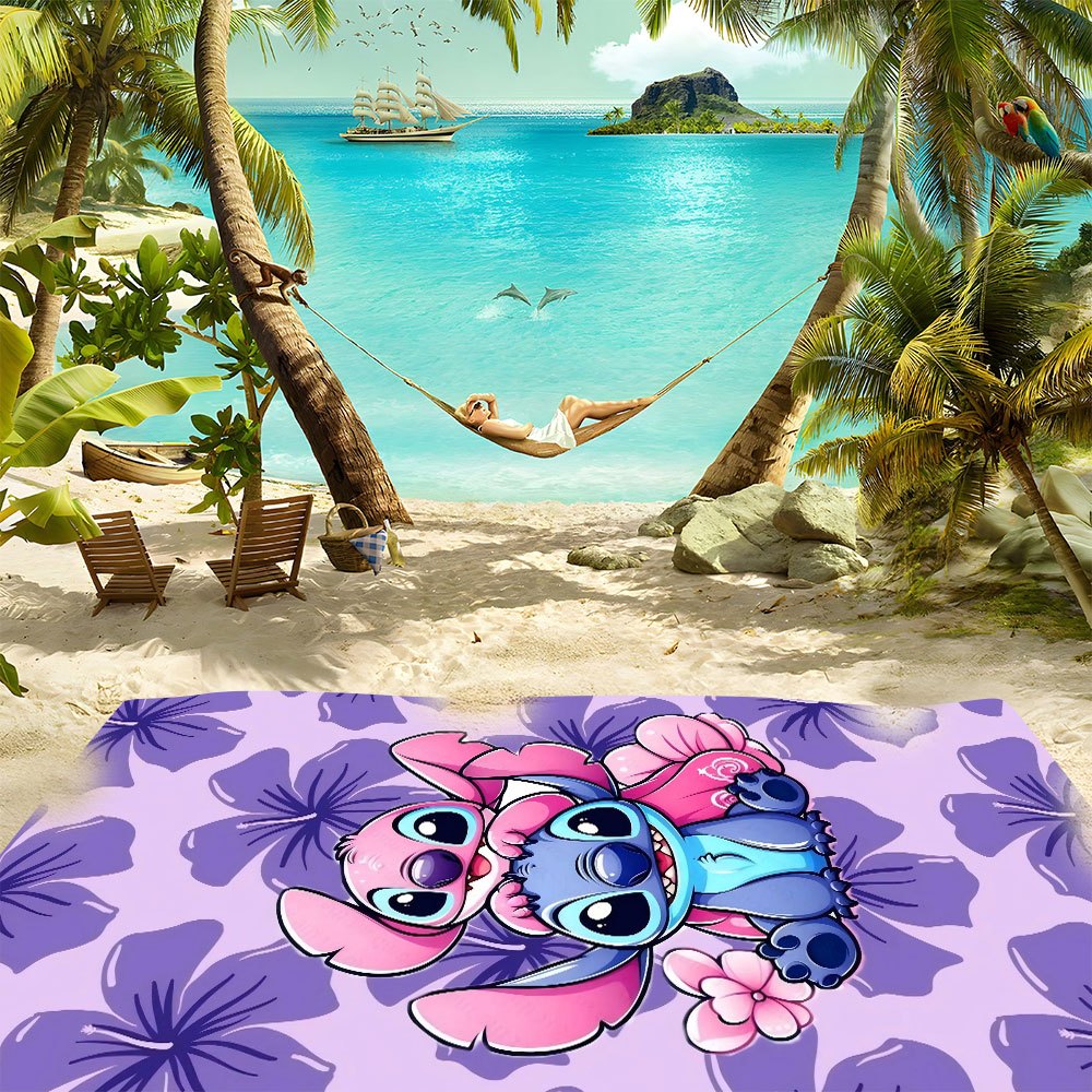 1pc Stitch Beach Towel - Soft Microfiber, Quick-Dry, Vibrant Purple & Pink Floral Design, Perfect for Yoga, Travel, Swimming, Fitness, Camping - Ideal St. Patrick'S Day Gift, Beach Accessories | Playful Design | Quick Dry Tow