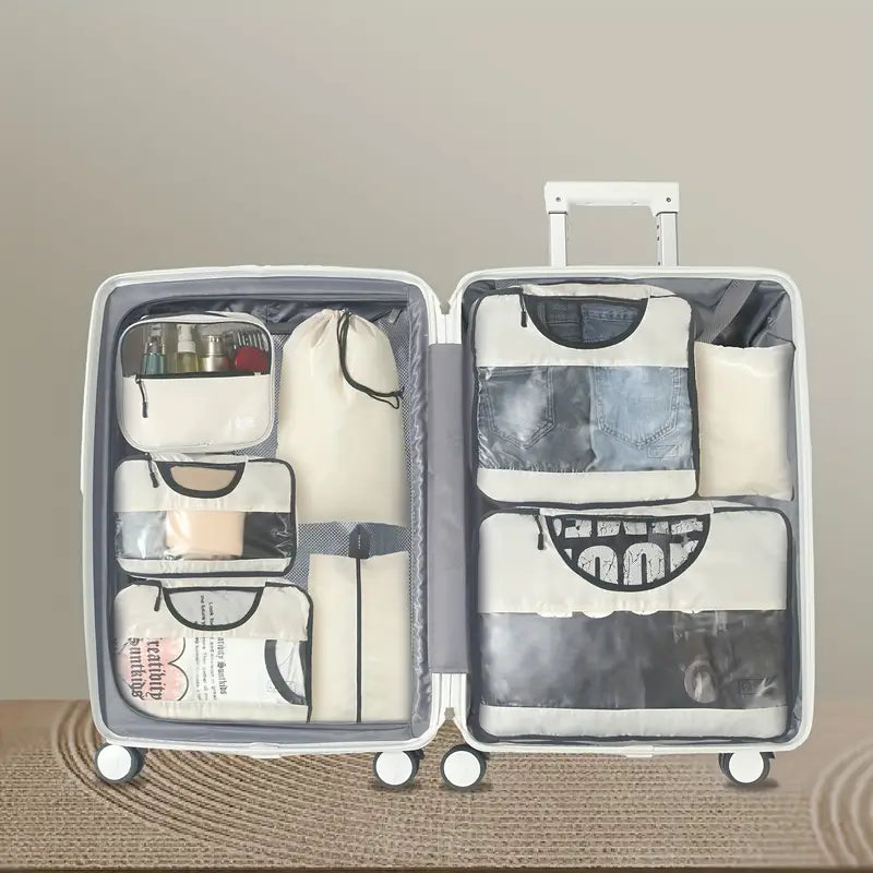 8pcs Compression Packing Cubes Set - Premium Luggage Organizers with See-Through Windows, Space-Saving Travel Storage System with Laundry Bag, Polyester, Zipper Closure, Casual Style, Ideal for Apparel, Travel Accessories|Cas
