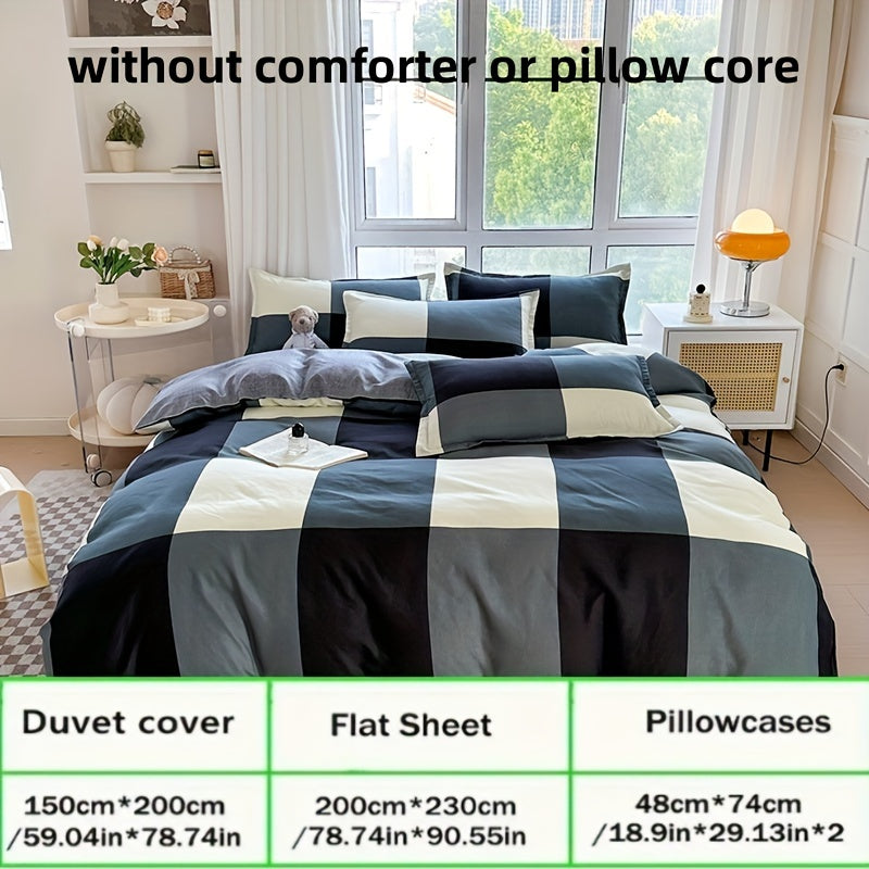 Soft and breathable 4pcs bedding set - Creative space plaid pattern, machine washable - includes sheet, duet and 2 pillowcases for all seasons - ideal for student dormitories, bedrooms and guest rooms