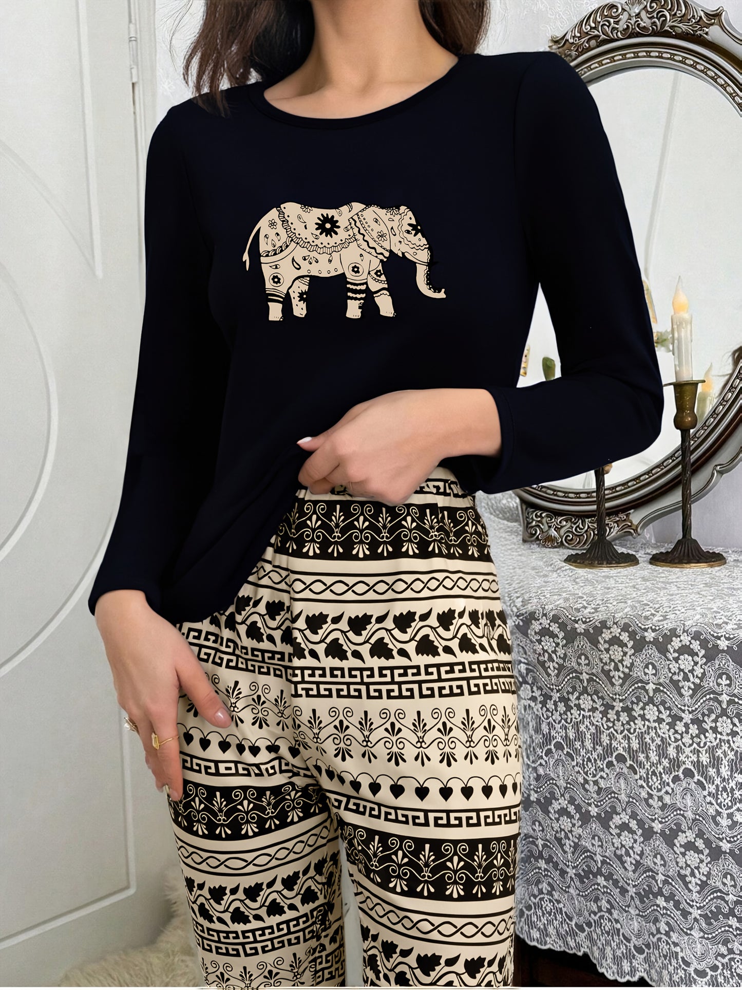 Simple Elephant Pattern Women's Pajama Set with Long Sleeves