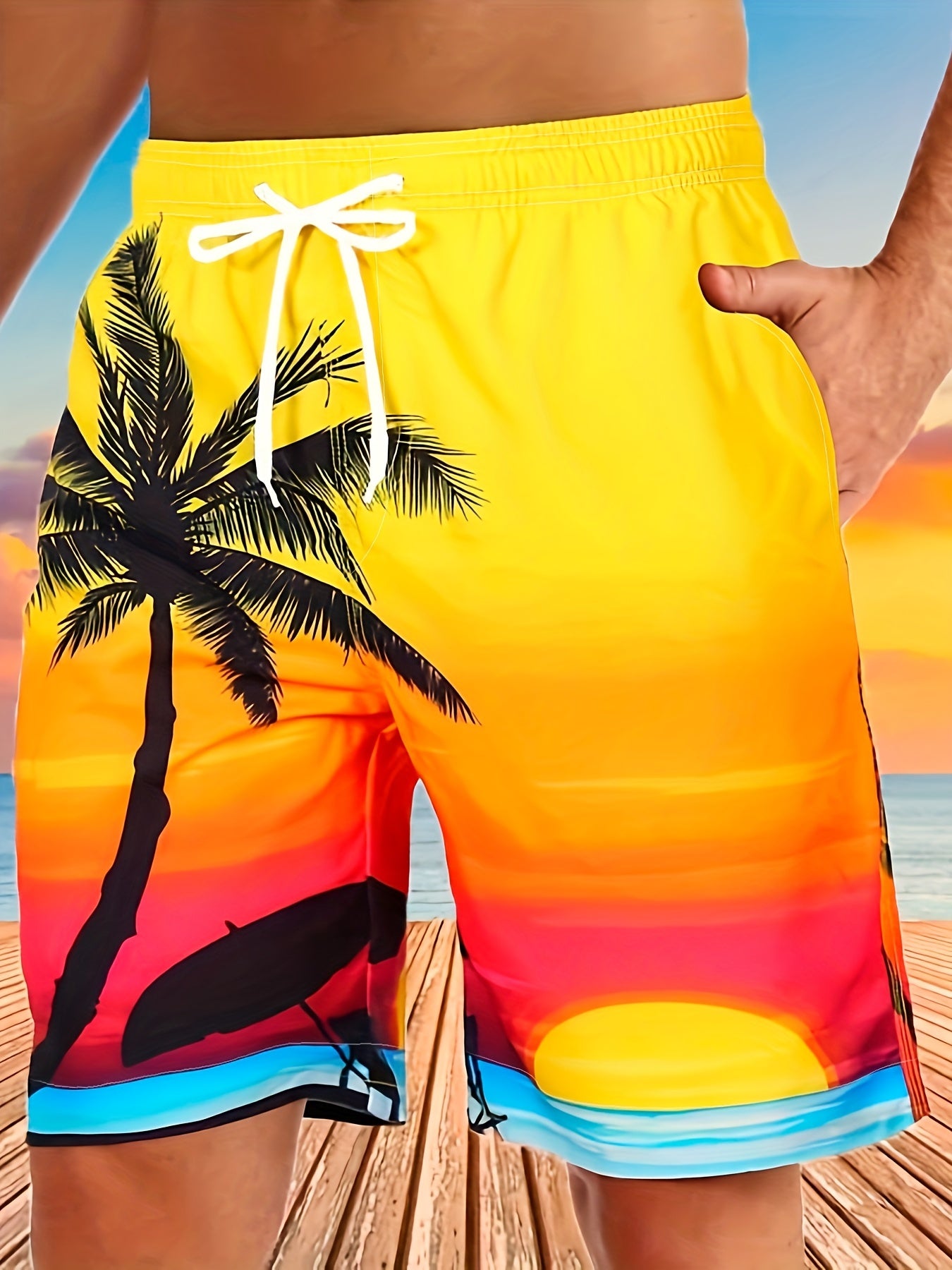 Quick Drying Comfortable Breathable Gradient Palm Tree At Dawn Seaside Drawstring Swim Trunks, Men's Board Shorts Swimwear For Summer Vacation Resort Beach Pool