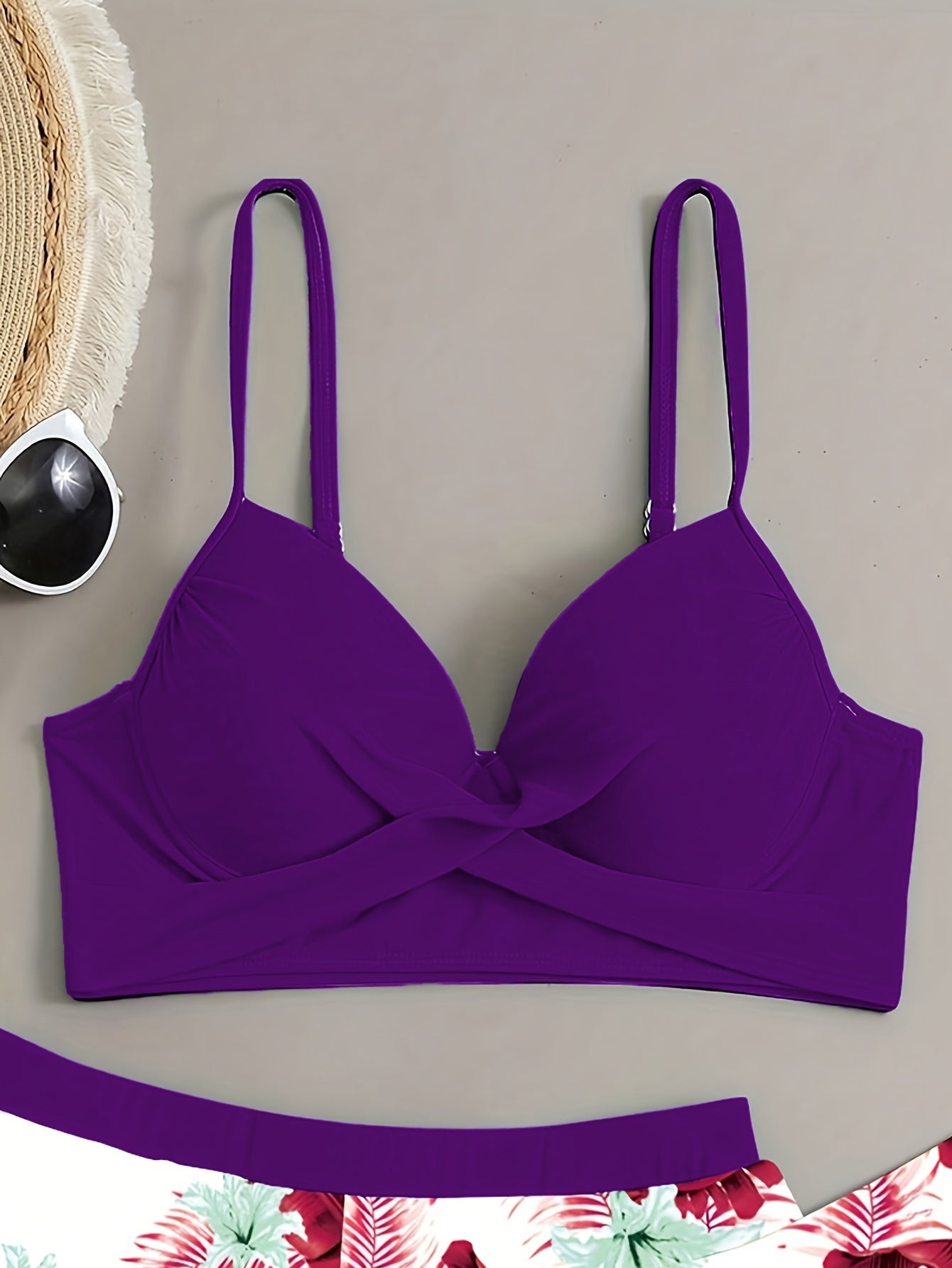 Floral Leaf Print Stretchy 3 Piece Set Swimsuits, Cross Spaghetti Strap Push Up Bikini & Boxer Shorts, Women's Swimwear & Clothing