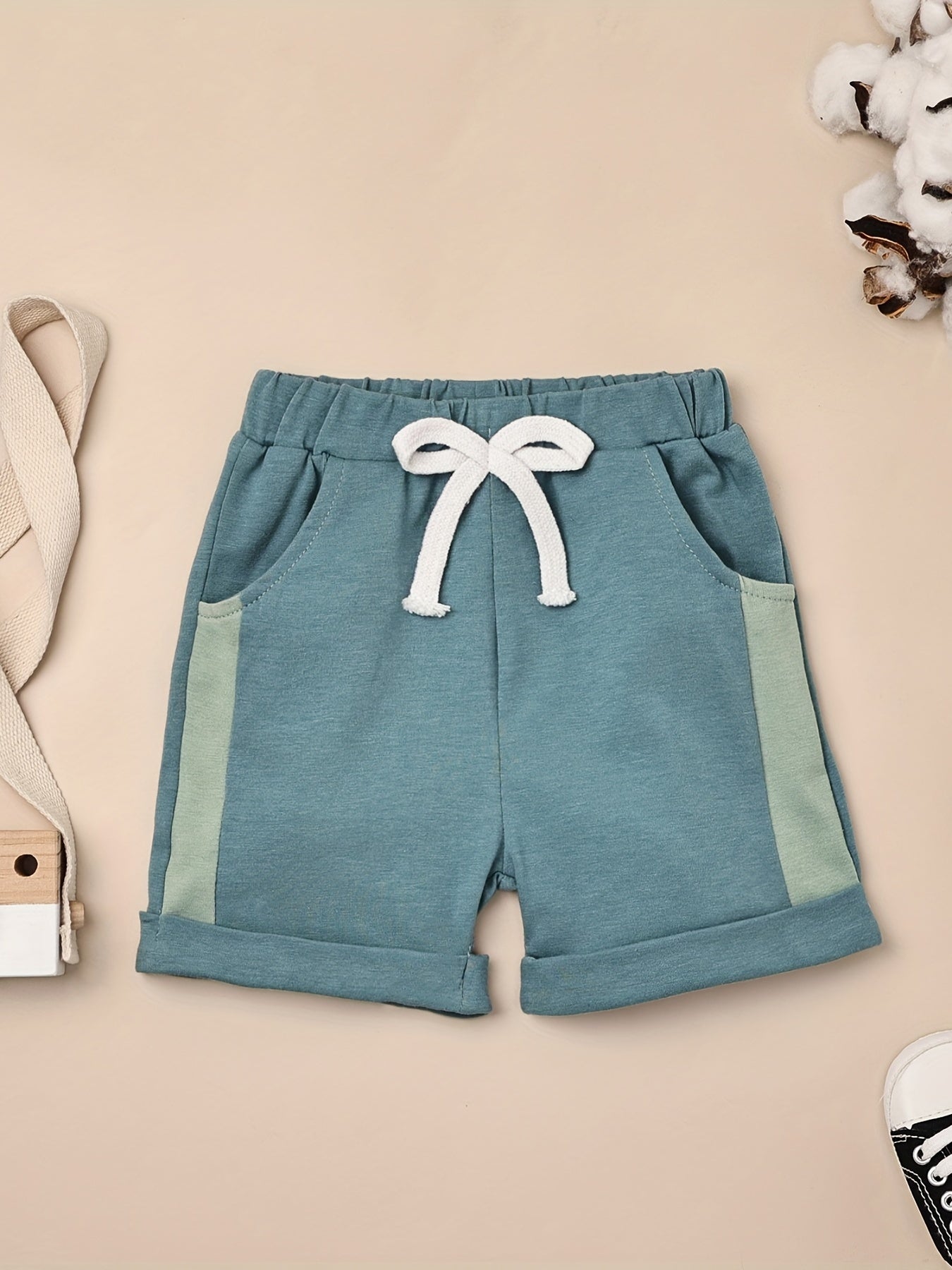 2pcs Baby Boys Summer Outfit Set - Cotton & Polyester Crew Neck T-Shirt with Stripes & Patch Detail, Short Sleeve, Drop Shoulder, Knit Fabric, with Matching Shorts with Belt & Fake Drawstring - Regular Fit, for Outdoor
