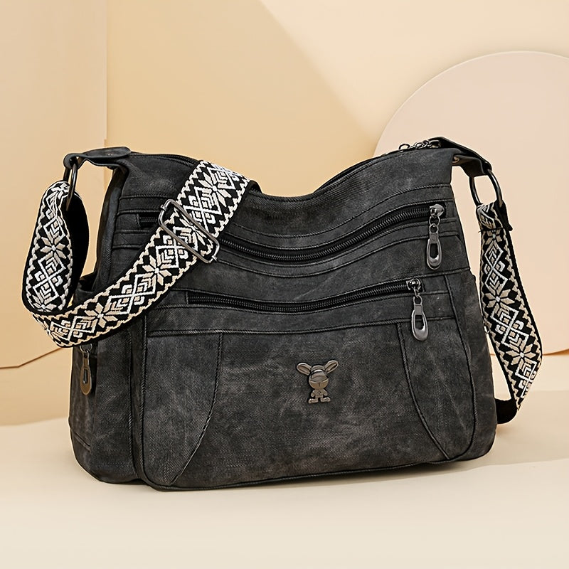 Taole Women's Vintage Bohemian PU Shoulder Bag - Adjustable Strap & Zipper Closure, Retro 1950s Handbag in Khaki/Ginger/Gray/Blue/Black, Casual & Dressy Outfits, Durable & Oil-Tanned Edges
