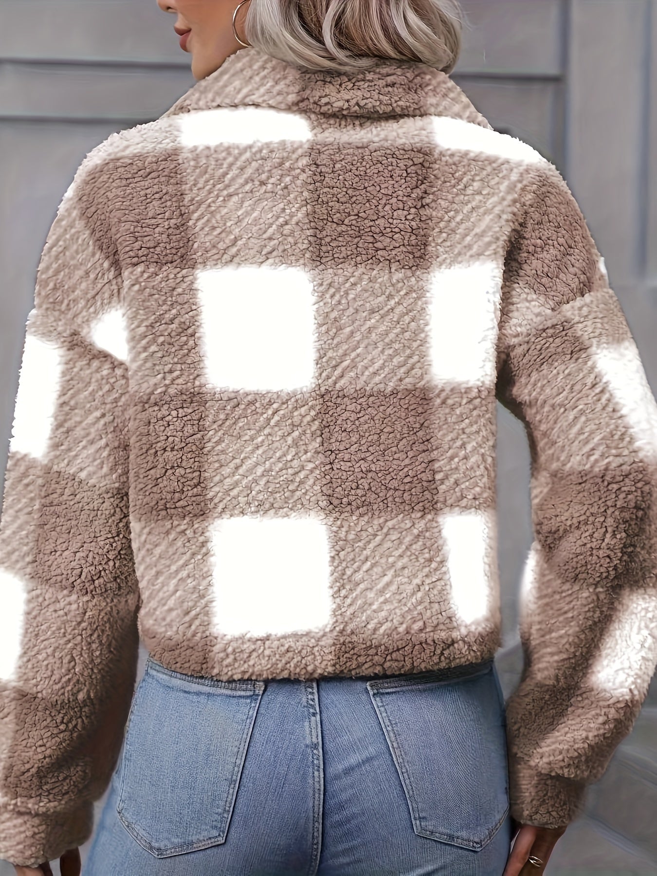 Plaid Teddy Coat, Casual Button Front Long Sleeve Winter Warm Outerwear, Women's Clothing