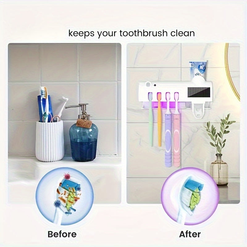 Wireless UV Toothbrush Holder with Automatic Toothpaste Dispenser – Wall-Mounted, USB Rechargeable, No-Drill Installation, Personal Care Kit