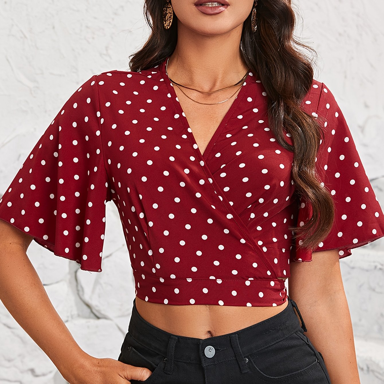 Polka Dot Print Surplice Neck Blouse, Elegant Ruffle Sleeve Crop Top For Spring & Summer, Women's Clothing