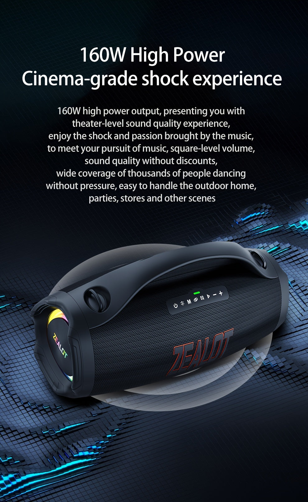 Zealot S98 Portable Wireless Speaker - 160W High-Power, 60H Playtime, IPX5, Fast Charging, Dual Pairing, Shocking Subwoofer, 36000mAh Battery, DSP Technology, Black with Red Accents