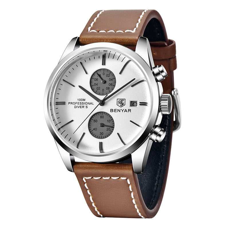 1pc New BENYAR Men's PU Leather Quartz Wristwatch, Men's 100M Multifunctional Watch Military Sports Chronograph Watch For Men