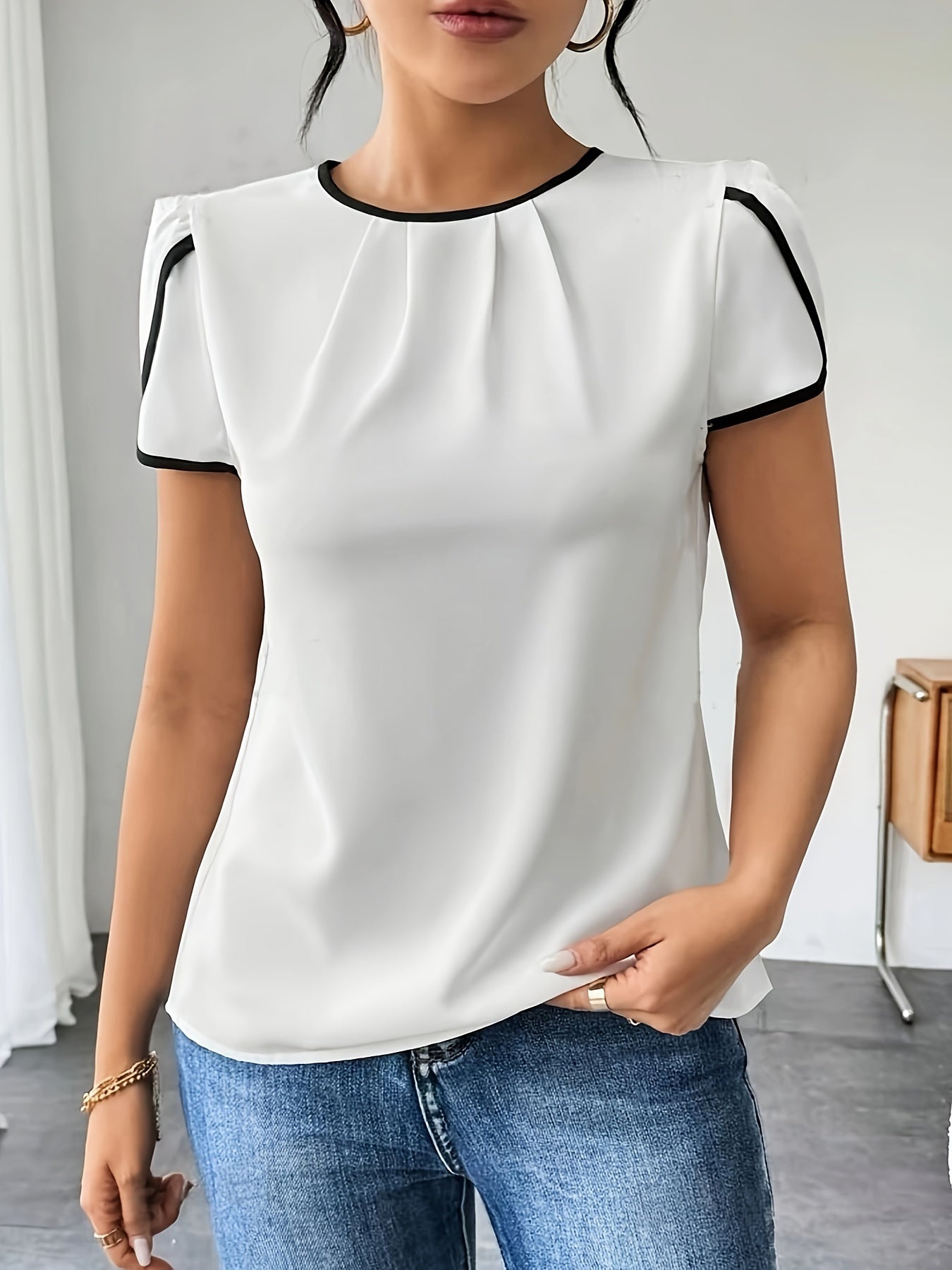Contrast Trim Petal Sleeve Blouse, Elegant Crew Neck Blouse For Spring & Summer, Women's Clothing