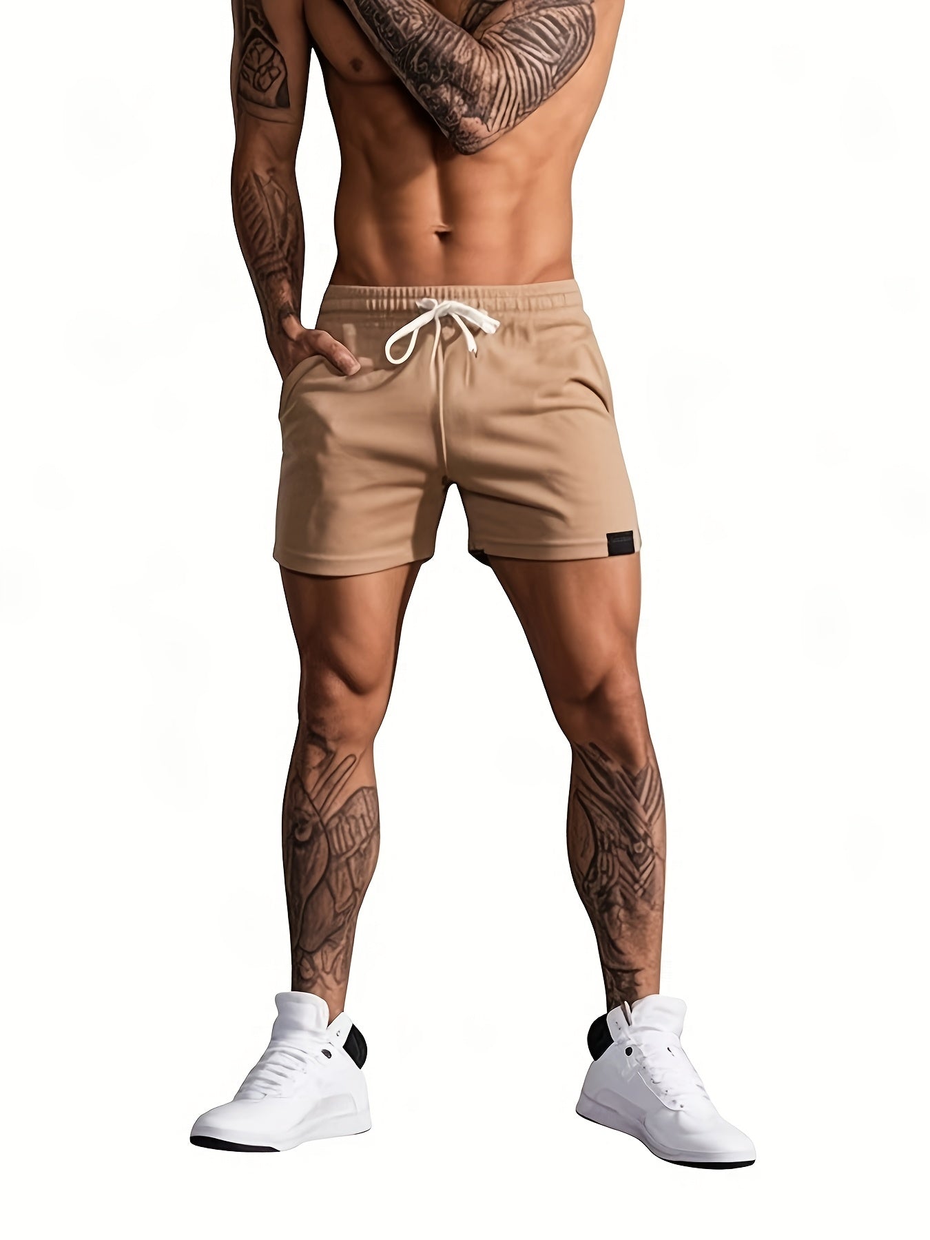 Slim Fit Comfy Active Shorts, Men's Casual Slant Pocket Stretch Waist Drawstring Shorts For Summer Basketball Running
