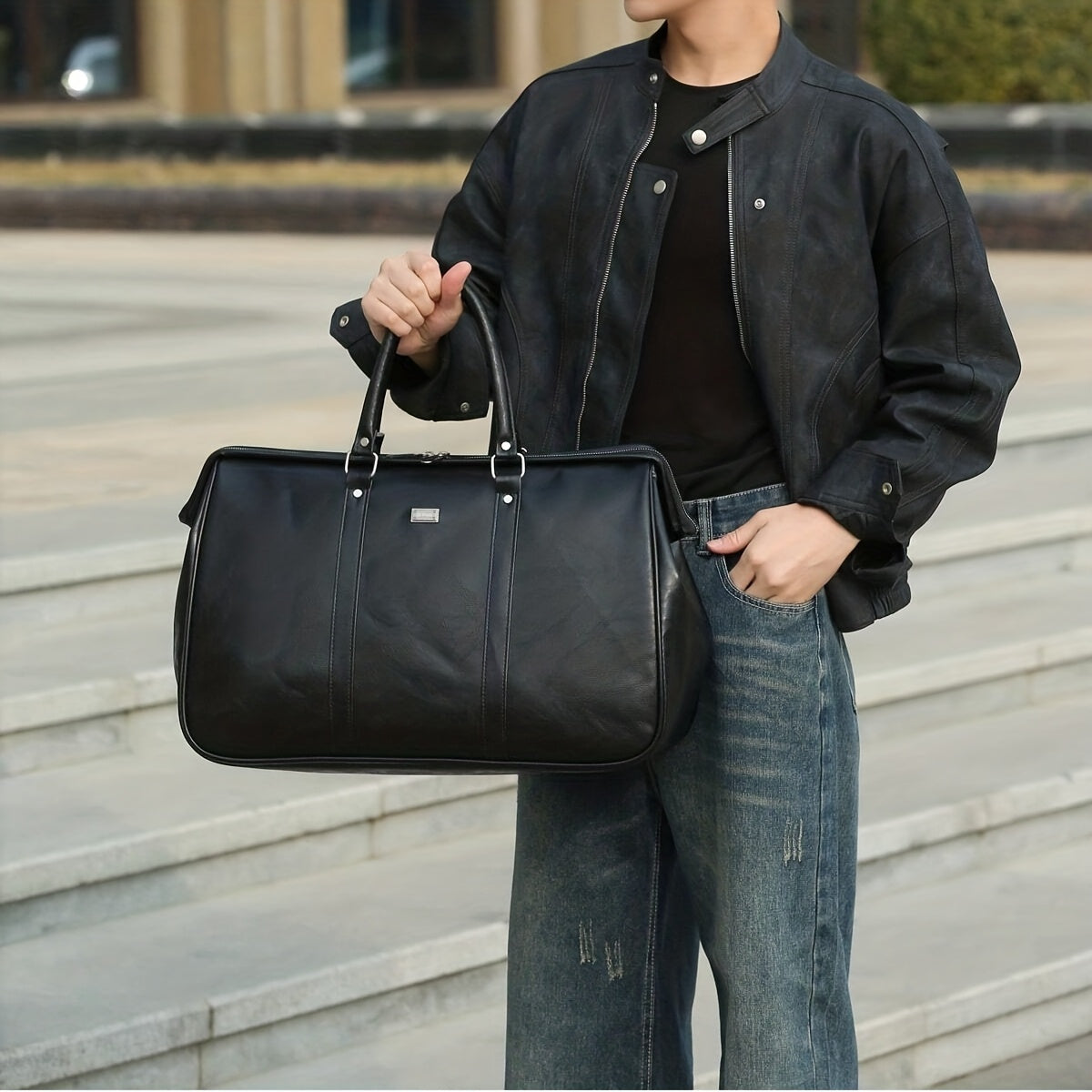 QRBRQJ Men's Large Capacity Tote Duffel Bag - Heavy-Duty Black Convertible Briefcase/ Gym Bag with Golden-Tone Hardware, Laptop Compartment & Buckle Closure - Business & Travel-Friendly Carry-On for, Sports, - Ideal Gift