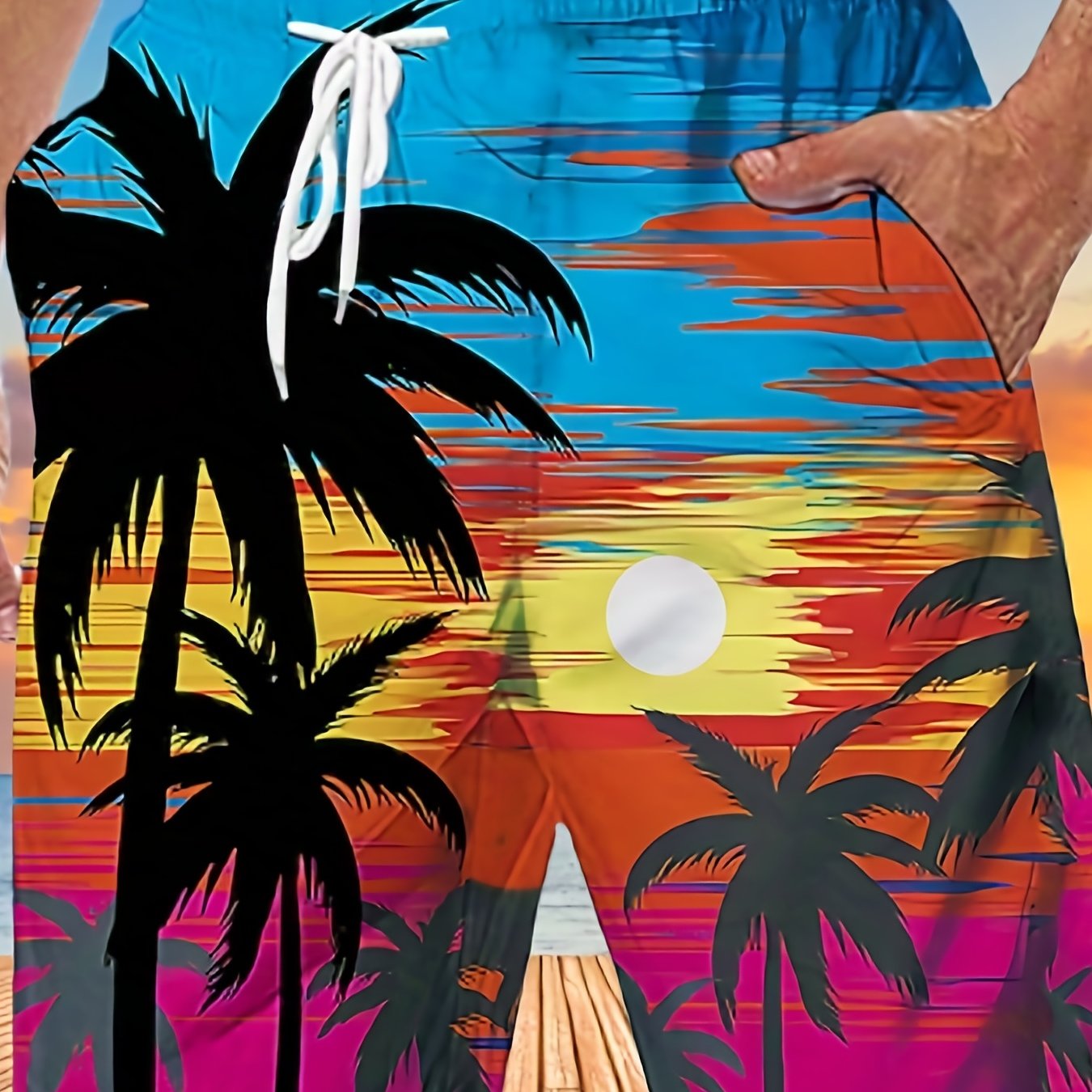 Quick Drying Comfortable Breathable Gradient Palm Tree At Dawn Seaside Drawstring Swim Trunks, Men's Board Shorts Swimwear For Summer Vacation Resort Beach Pool