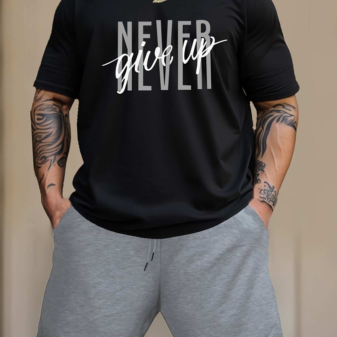 Men's Fashion NEVER GIVE UP Letter Print Loungewear Set, Short Sleeve Crew Neck Graphic T-shirt & Drawstring Shorts With Pockets, Casual Pajama Set, Men's 2piece Outfits