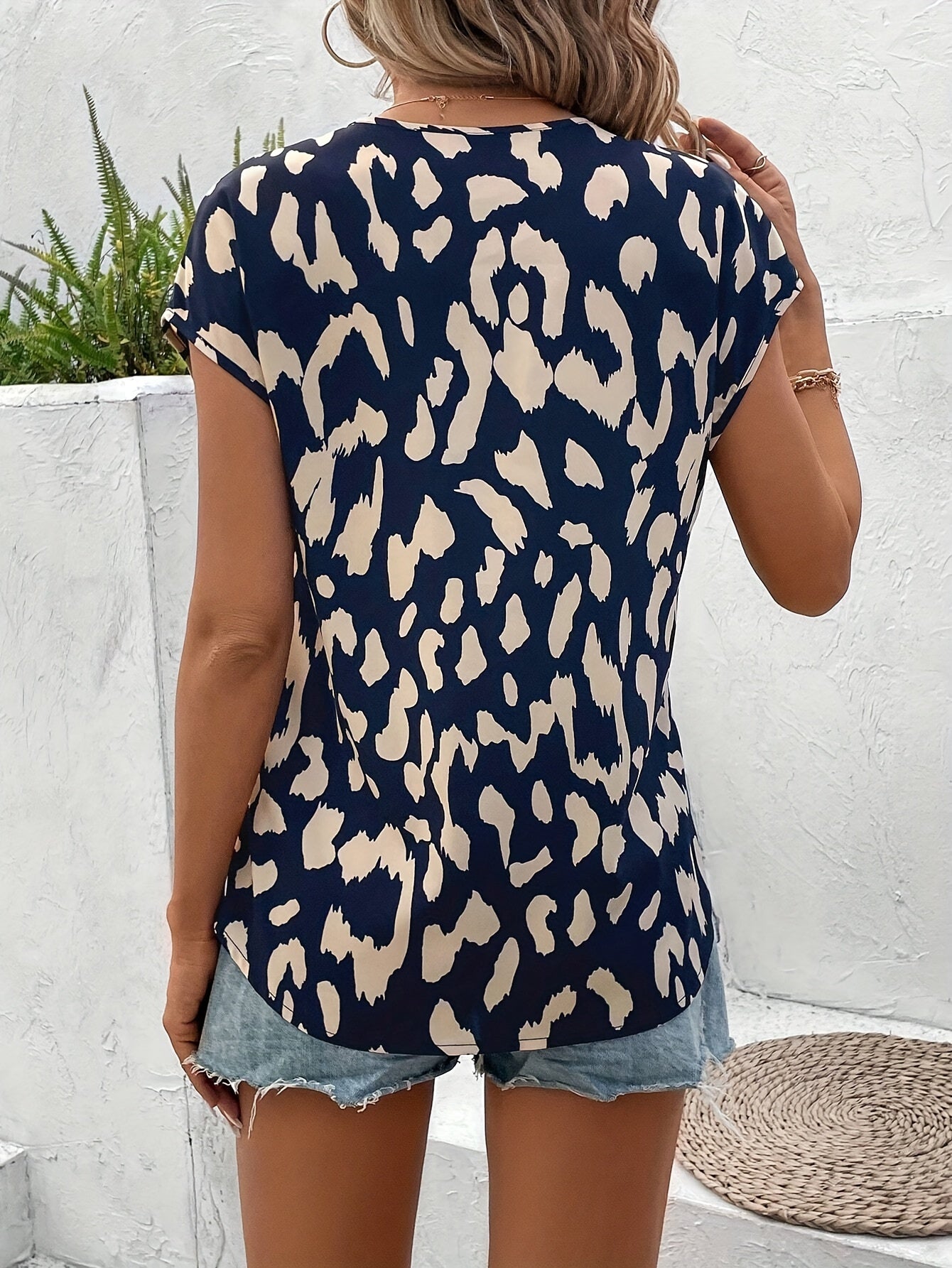 Leopard Print V-neck Blouse, Elegant Batwing Short Sleeve Blouse For Summer & Spring, Women's Clothing